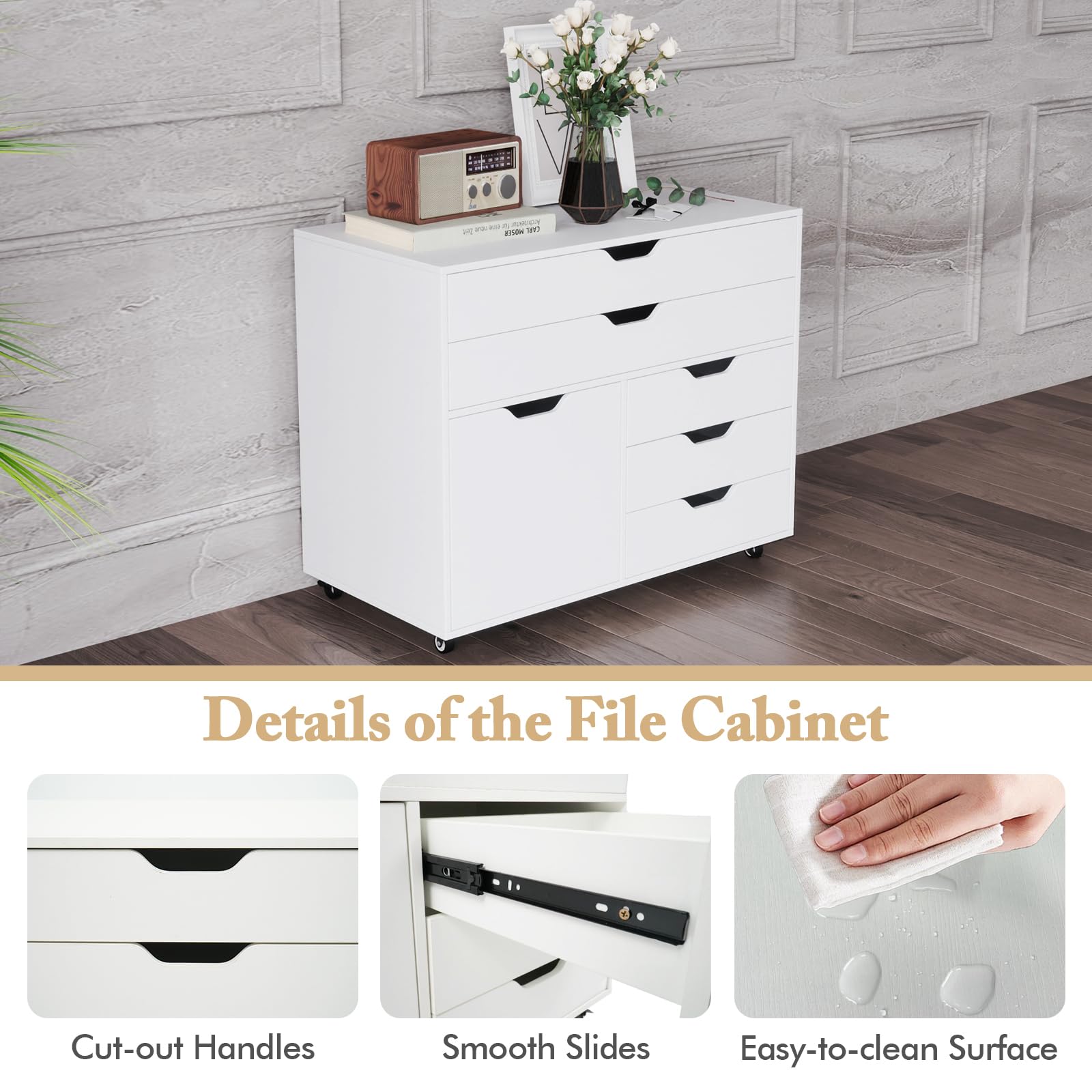 Giantex File Cabinet, Rolling Lateral Filing Cabinet with 2 Large Drawers, 3 Small Drawers