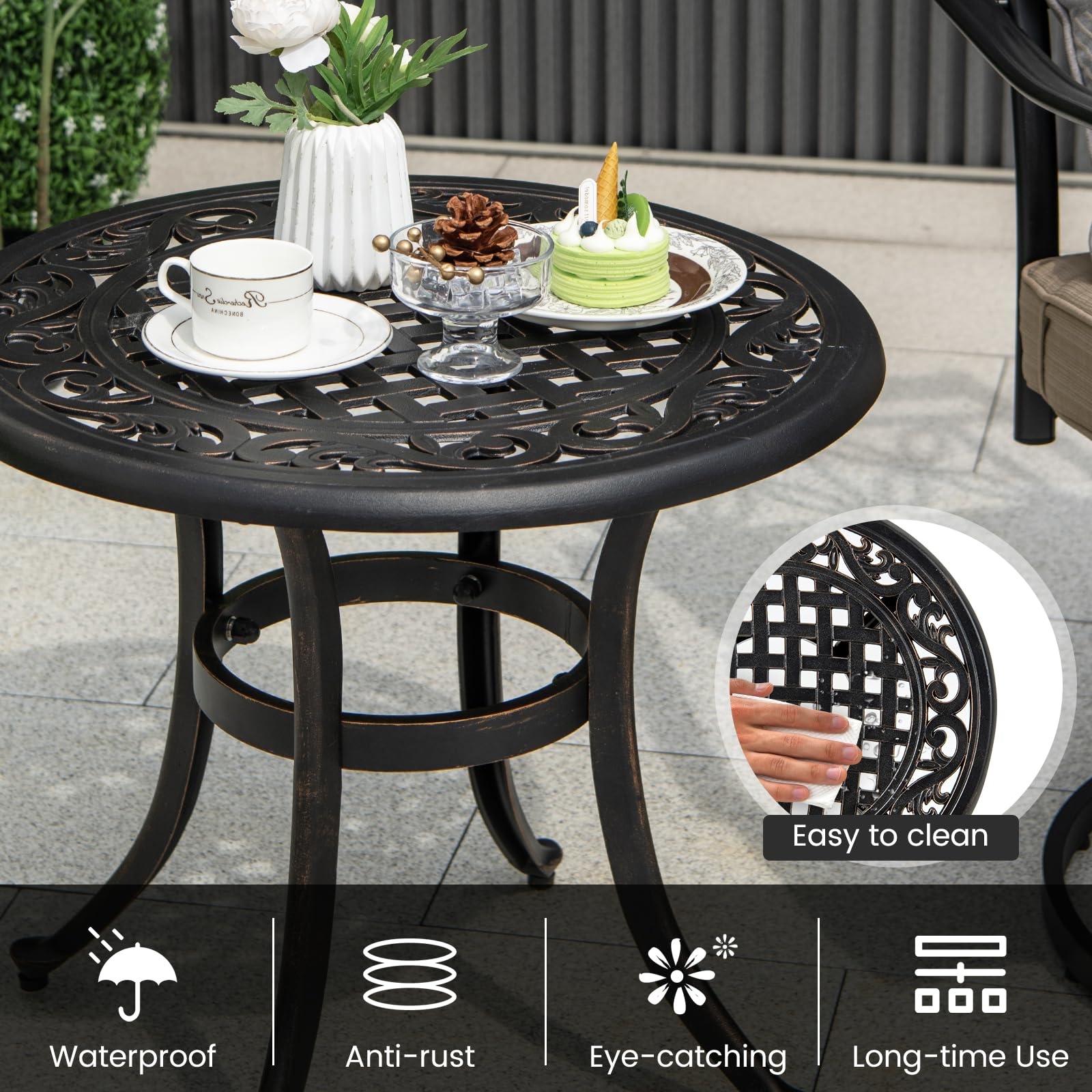 Giantex Patio Bistro Table, 24” Cast Aluminum Round Side Table, Outdoor Coffee Table for Porch, Pool, Backyard, Garden, Balcony