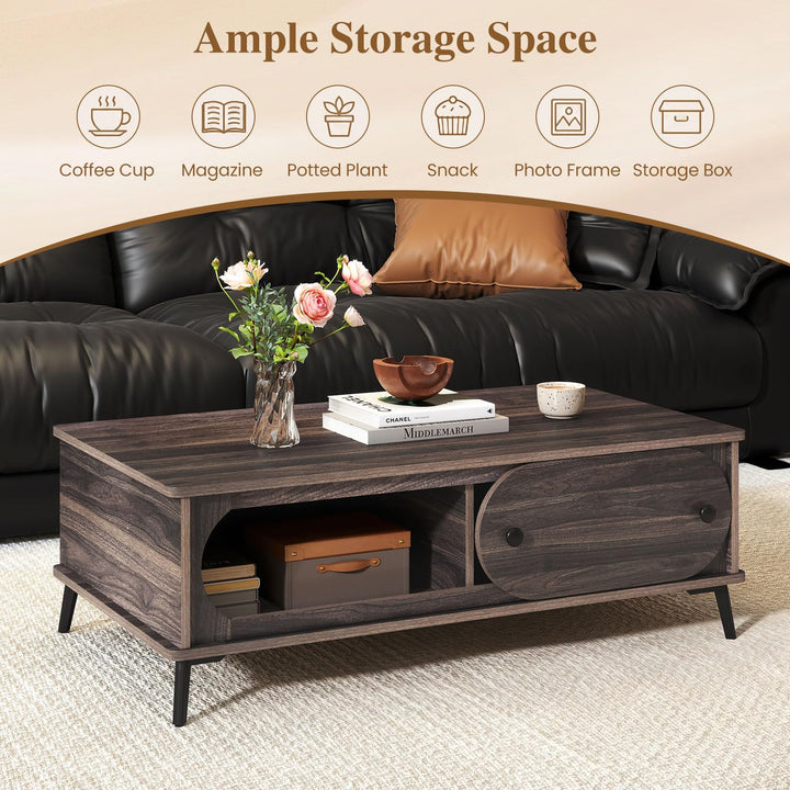 GIANTEX Mid Century Modern Wood Coffee Table with Storage &amp; Sliding Door