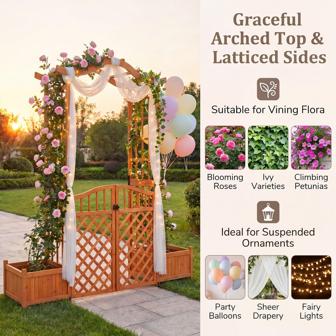 Giantex 83" Wooden Garden Arbor with Gate and 2 Planter Boxes
