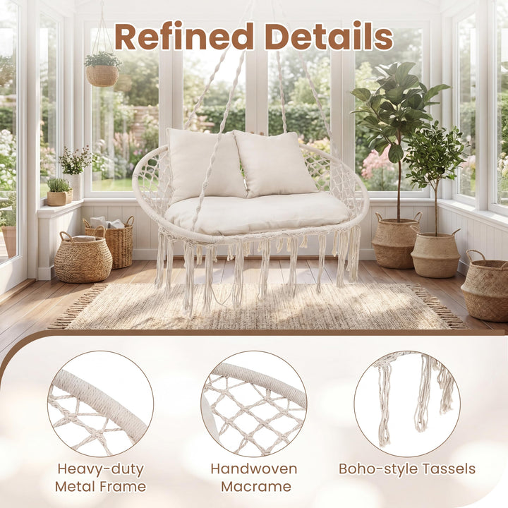 Giantex Boho Macrame Double Hammock Chair with Cushions