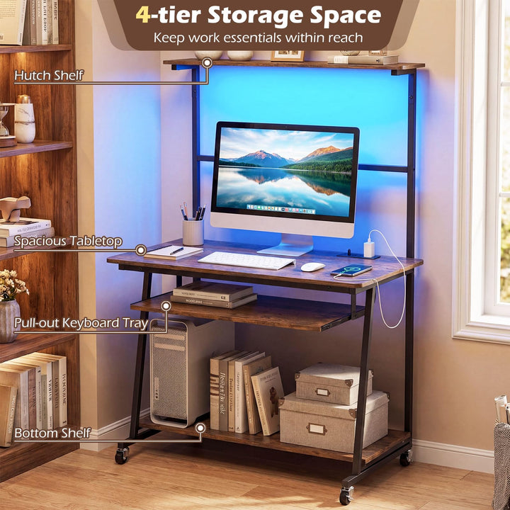 Giantex 31.5" Small Computer Desk with Charging Station &amp; LED Lights