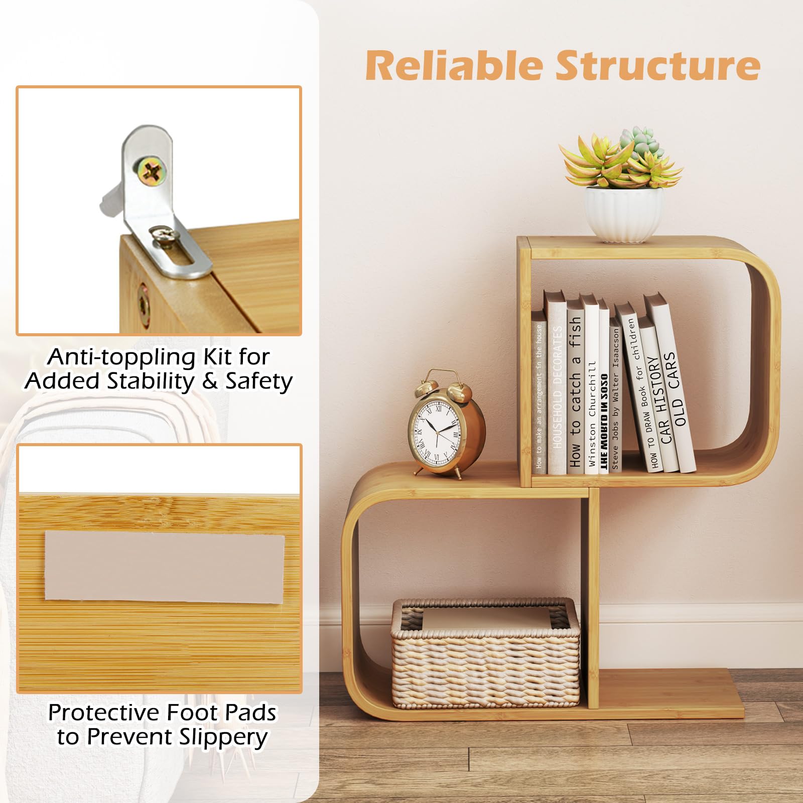 Giantex S-Shaped Bookcase, 2-Tier Bamboo Bookshelf with 2 Open Cubes, Geometric Corner Display Shelf