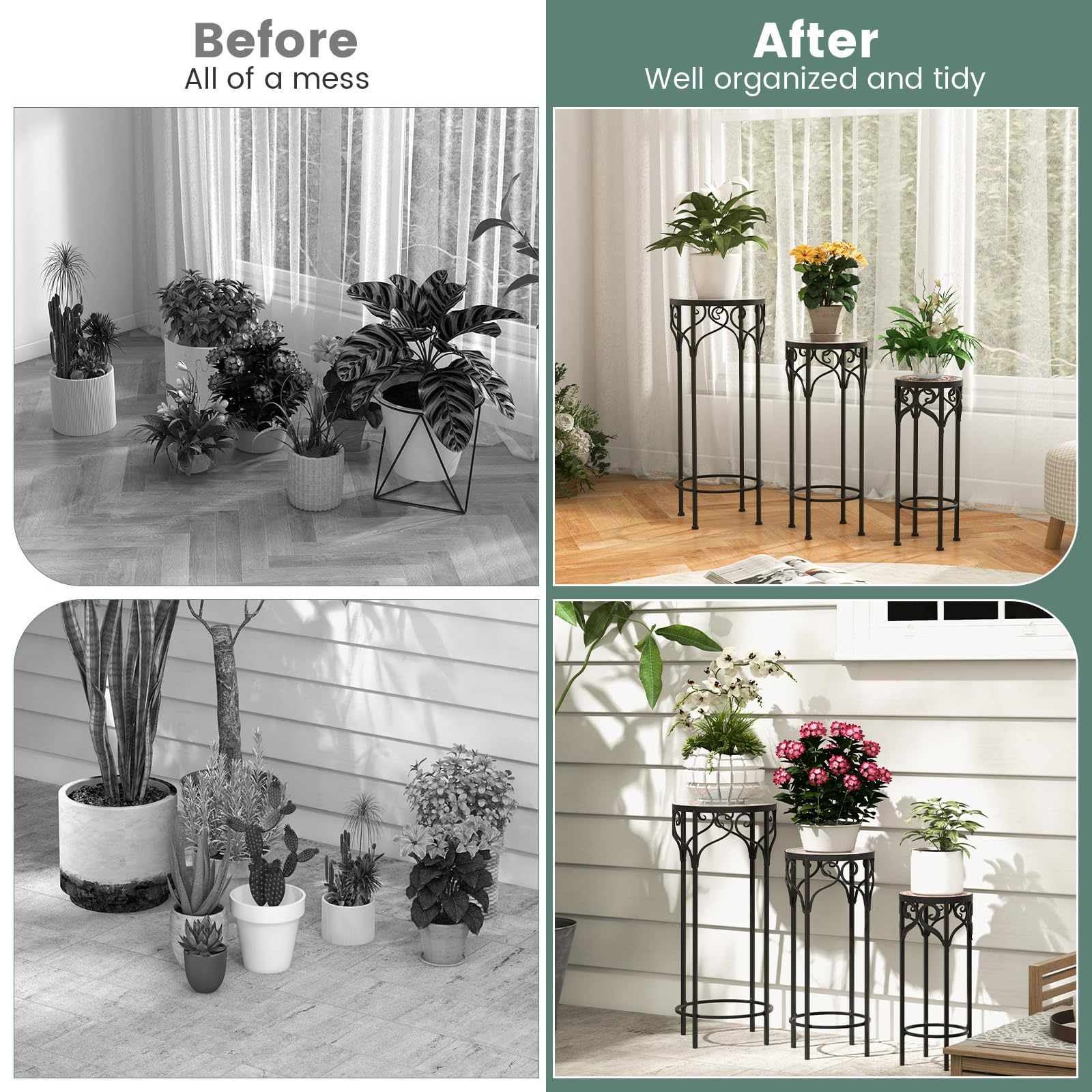 Giantex Metal Plant Stand Set of 3, 28" Mosaic Tall Flower Stand with Ceramic Top