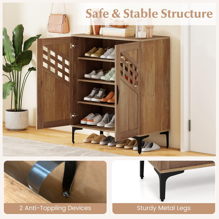 Giantex 4-Tier Wooden Shoe Organizer Cabinet with Hollow Woven Doors &amp; 3 Removable Shelves