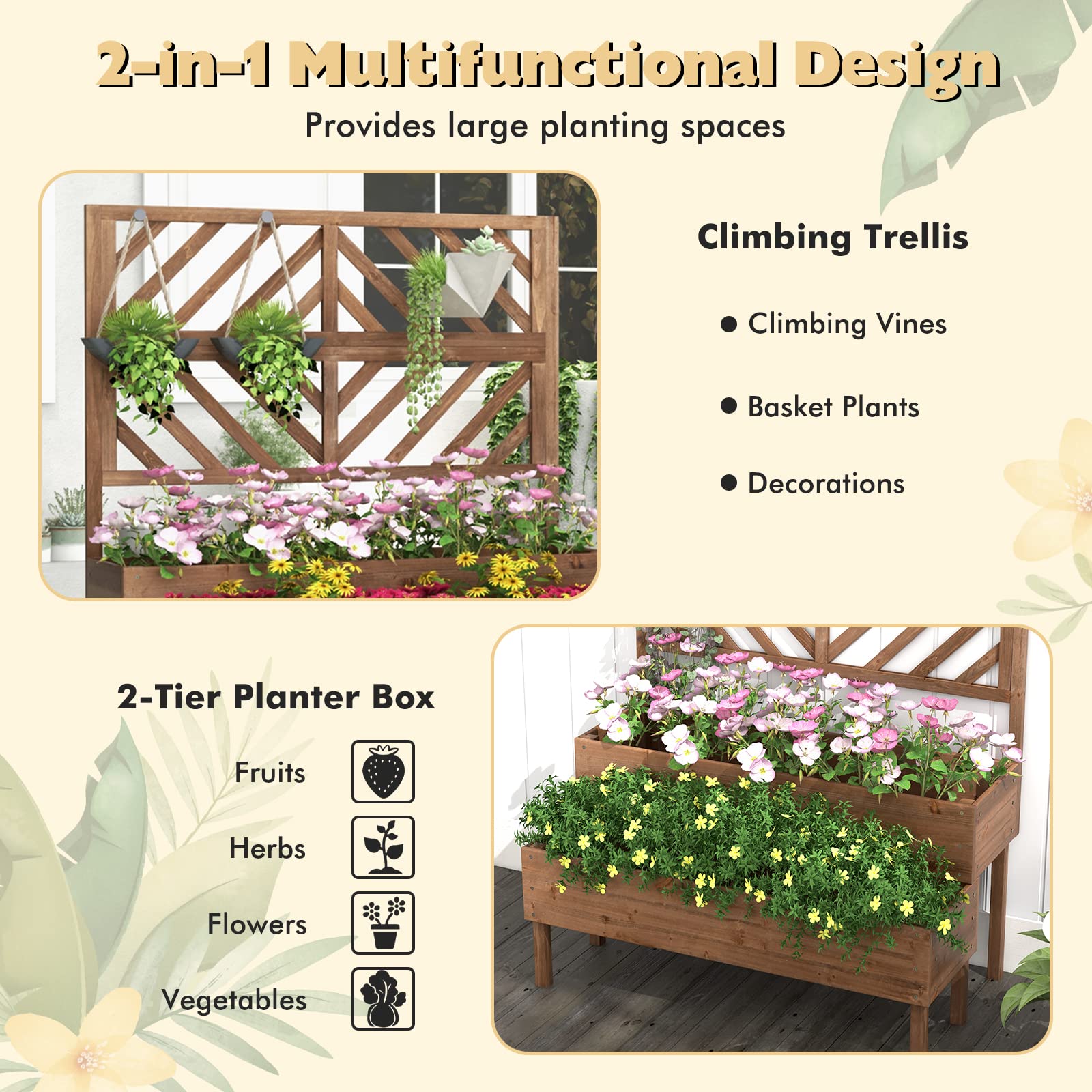 Giantex Raised Garden Bed with Trellis, 2-Tier Wooden Planter Box with Legs and Drain Holes (Brown)