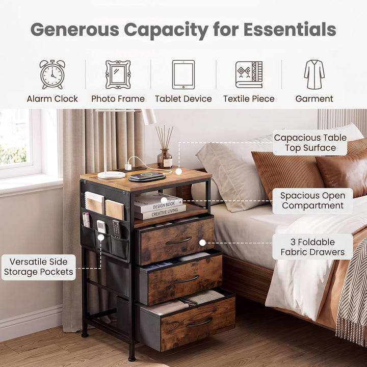 GIANTEX 27.5" Nightstand with Charging Station &amp; 3 Fabric Drawer (1/2)