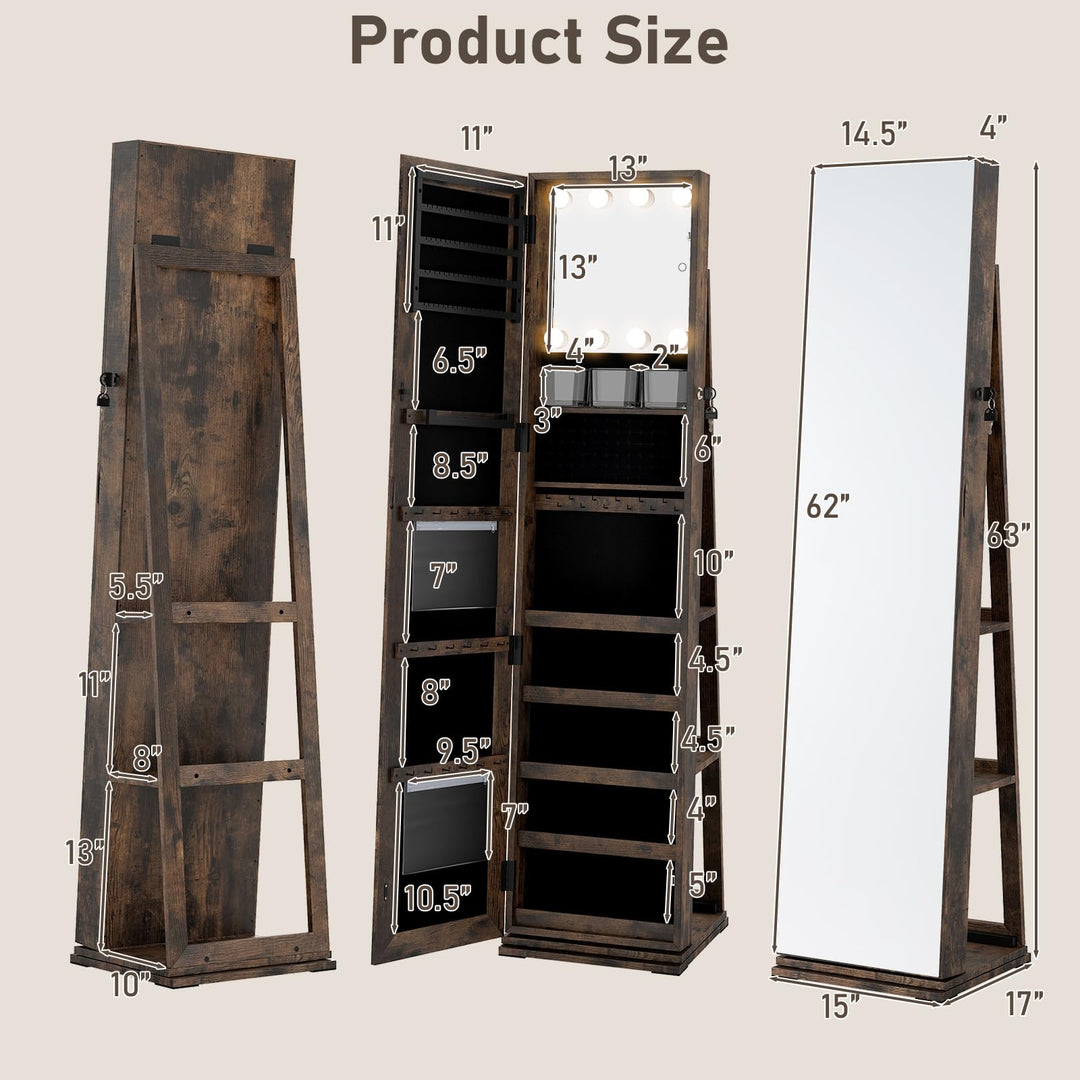 CHARMAID Swivel Jewelry Armoire with Full-Length Mirror & Lighted Makeup Mirror