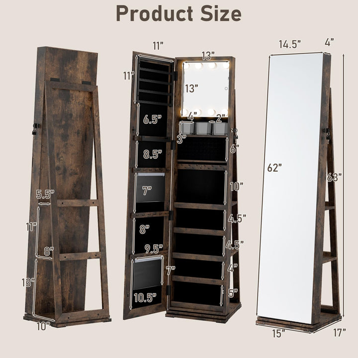 CHARMAID Swivel Jewelry Armoire with Full-Length Mirror & Lighted Makeup Mirror