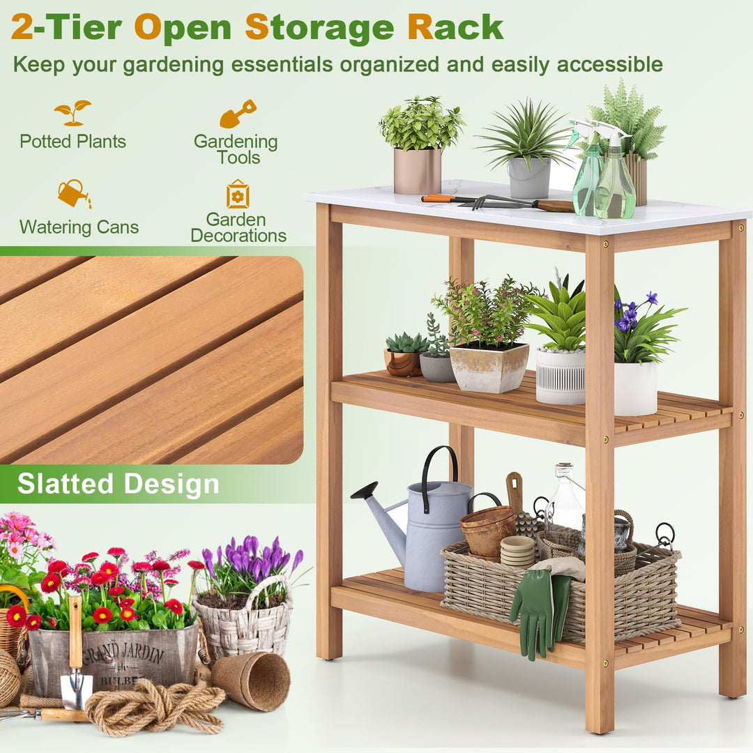 Giantex 3 Tier Outdoor Potting Bench with Faux Marble Tabletop