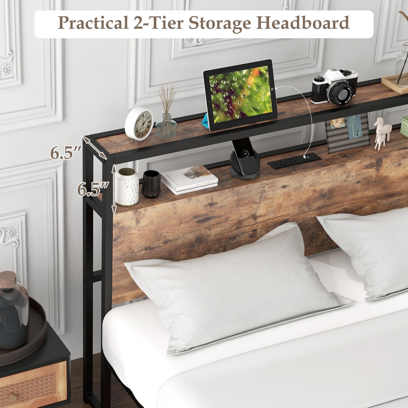 Giantex Full Bed Frame with Storage Headboard and Charging Station, with Outlets and USB Ports