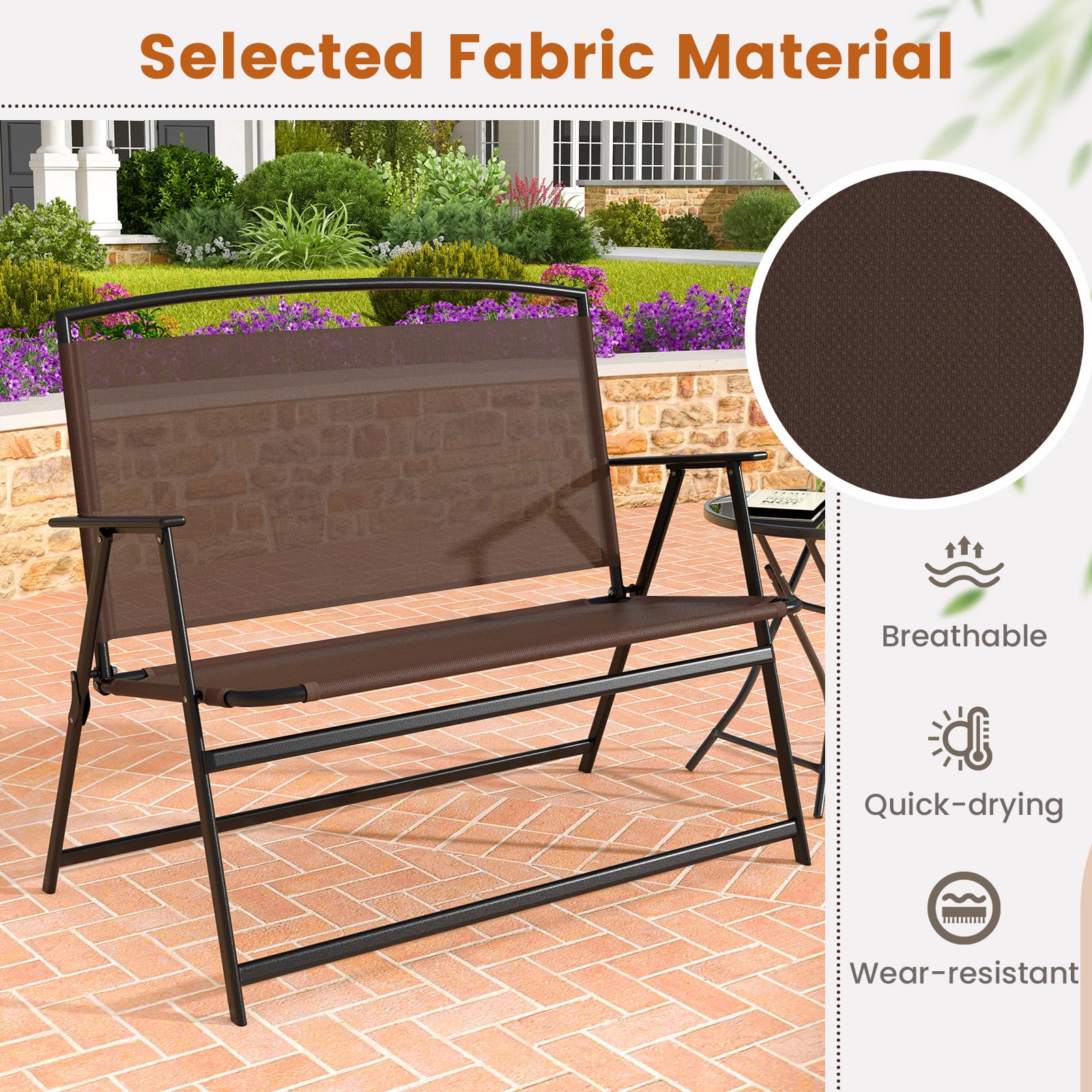 Giantex Outdoor Bench, Folding Garden Bench for 2 Persons, Patio Loveseat with Metal Armrests