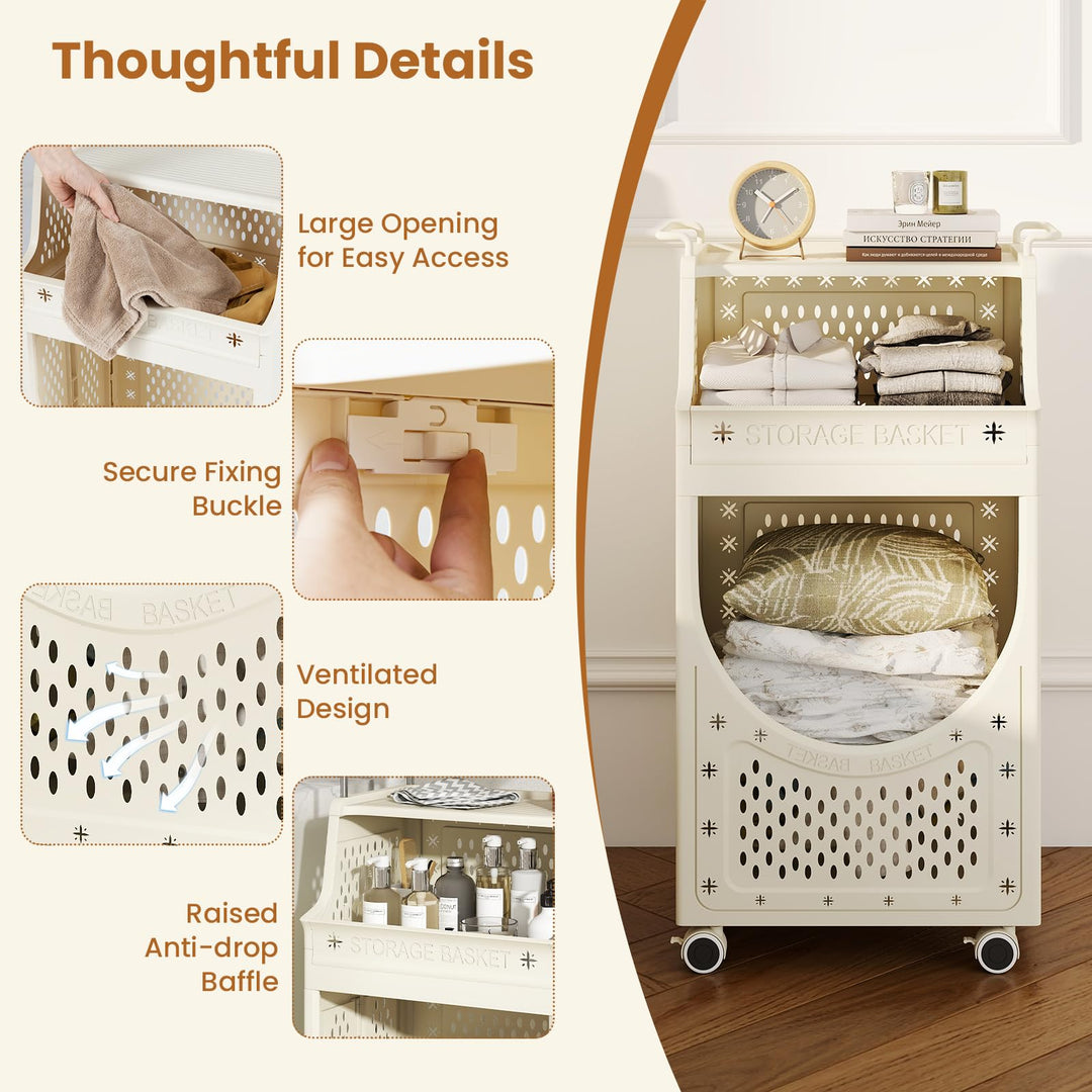 Giantex 3-Tier Rolling Laundry Cart with wheels Folding Laundry Basket with 2 Baskets