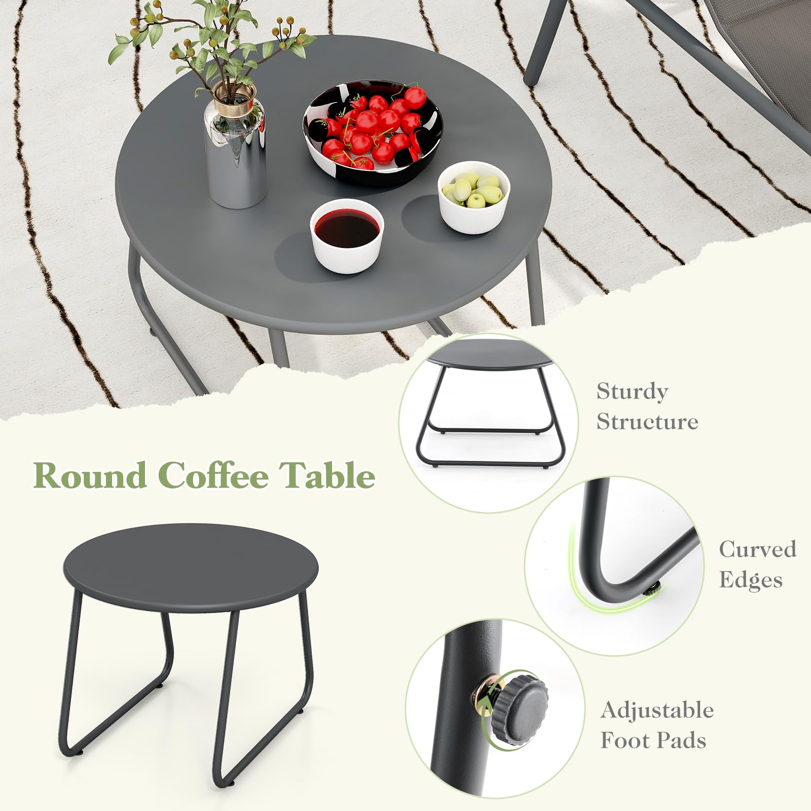 Giantex 3 Piece Patio Bistro Set, Outdoor Metal Chairs Set of 2 with Coffee Table, Breathable Fabric Seats