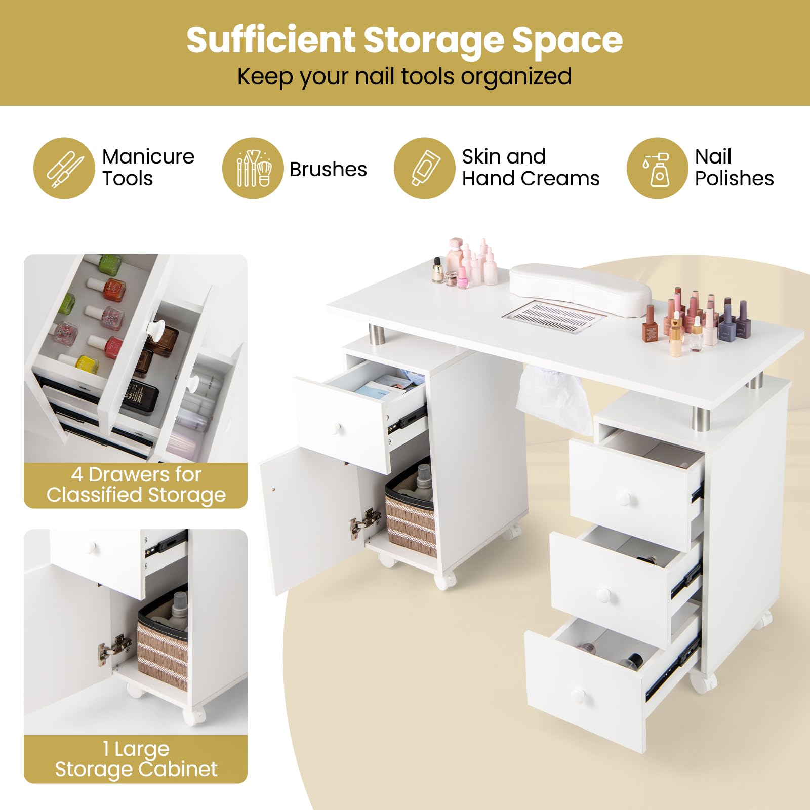 Giantex Nail Desk Manicure Table - Nail Table Station with Electric Dust Collector, 4 Drawers, Storage Cabinet
