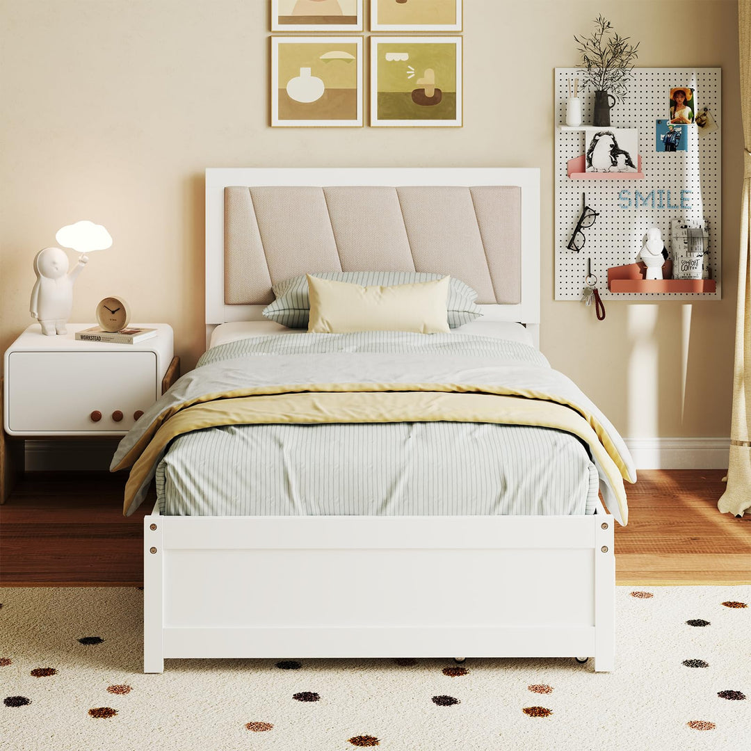 Giantex Wood Twin Bed with 2 Storage Drawers, Solid Wood Platform Bed with Upholstered Headboard
