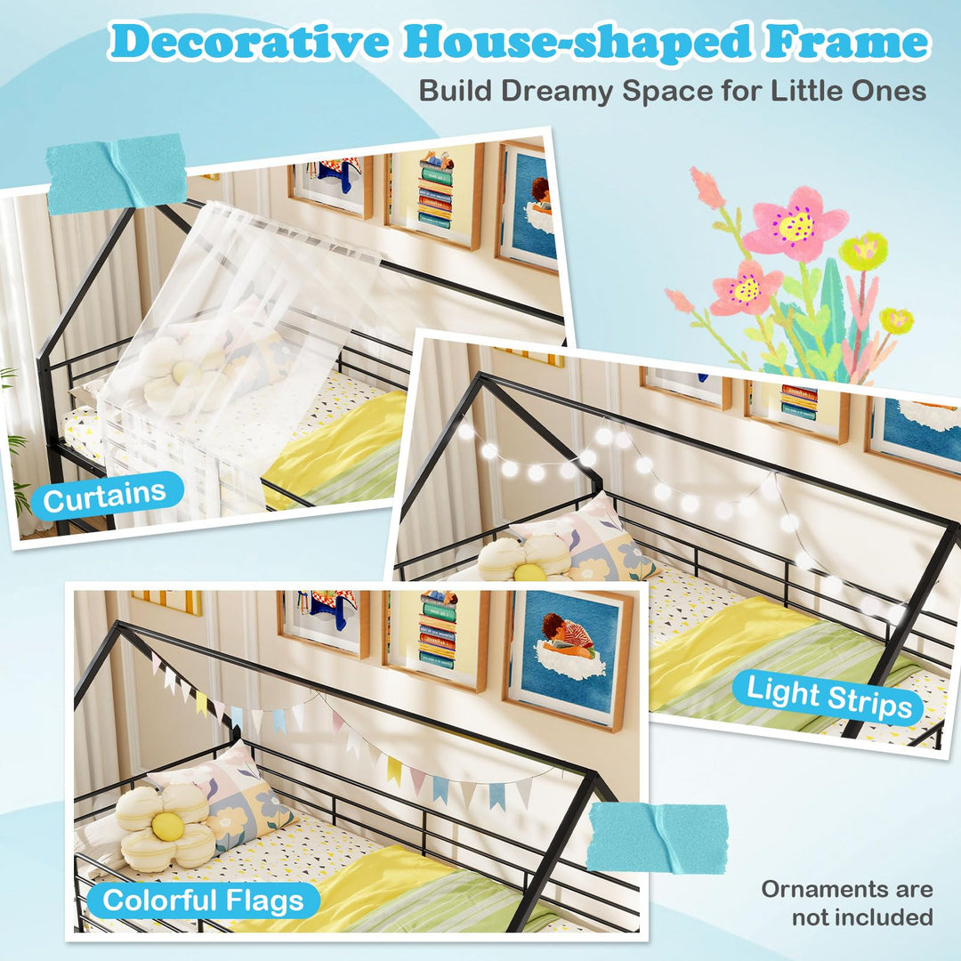 Giantex Twin Over Twin Bunk Bed with Slide & Ladder House-Shaped Metal Bunk Bed Frame with Safety Guardrail & Roof