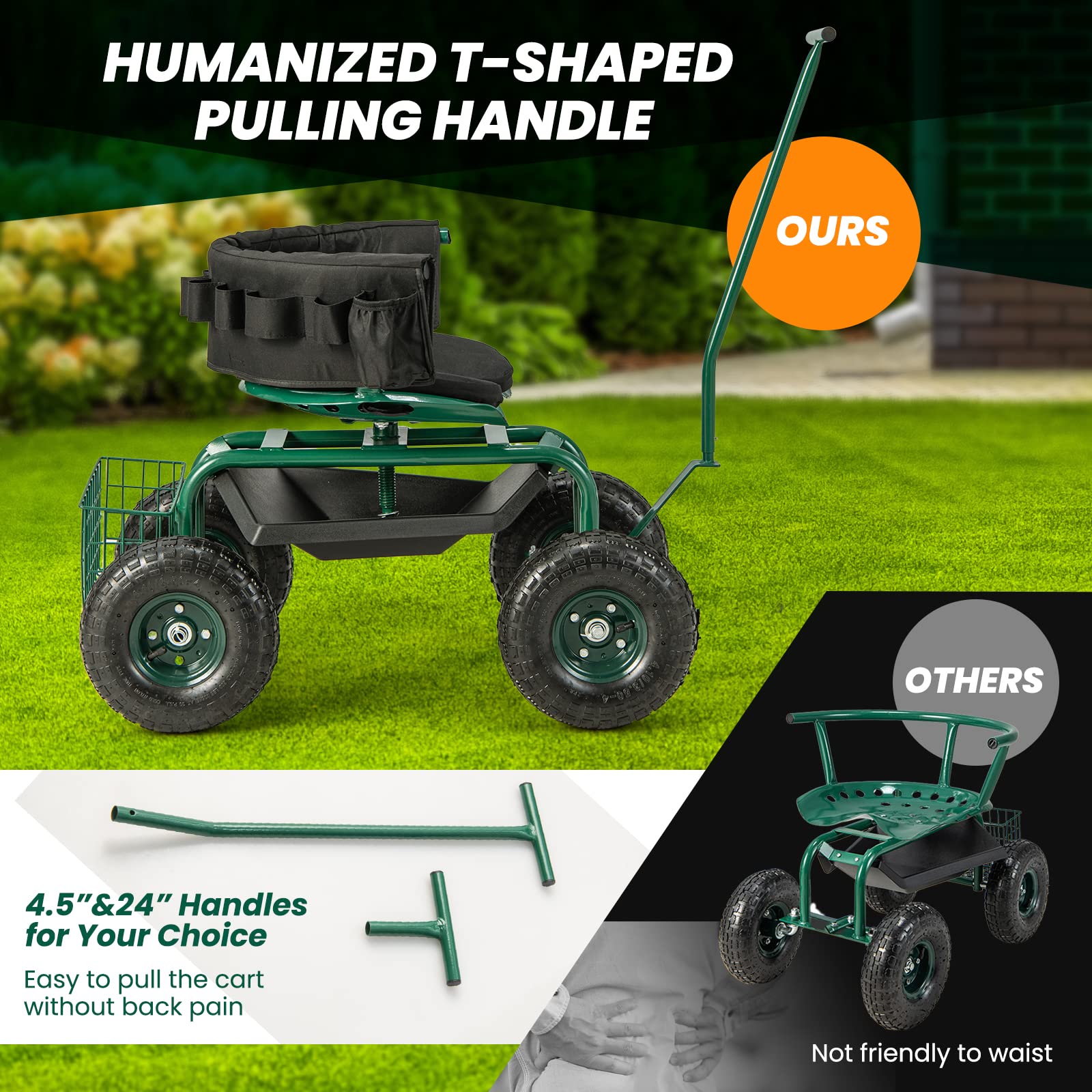 Giantex Garden Cart, Rolling Workseat with 4 Wheels, Tool Tray, Removable Cushion, Storage Basket