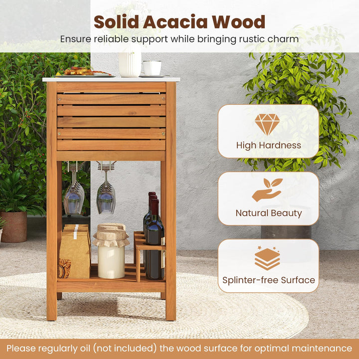 Giantex Acacia Wood Outdoor Side Table with Faux Marble Countertop, 2 Drawers