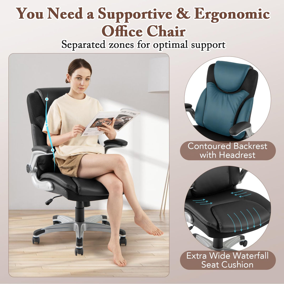 Giantex Executive Office Chair, PU Leather Ergonomic Desk Chair with Flip-up Armrests and Height Adjustable