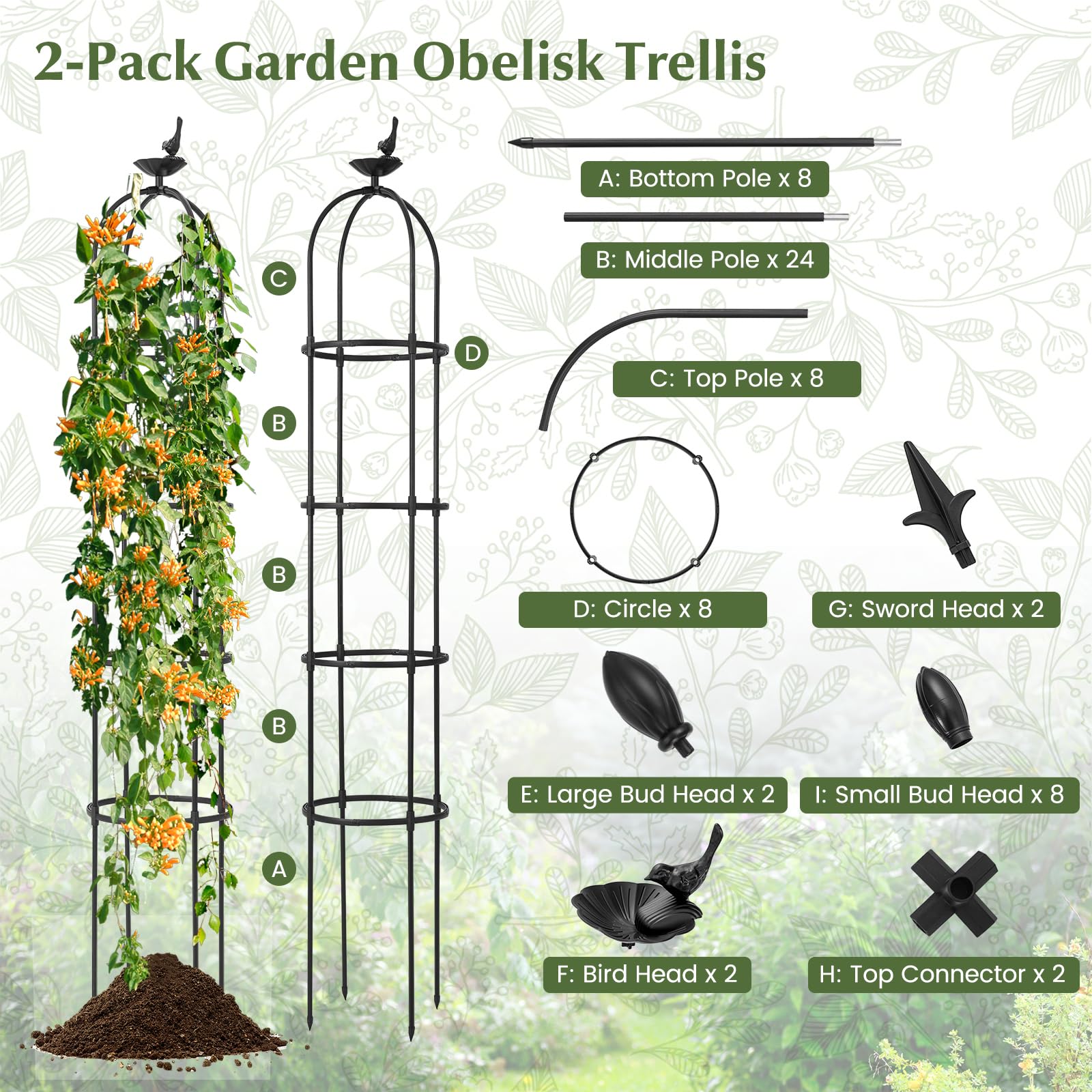 Giantex 2-Pack Tomato Cages, 69” PE-Coated Metal Garden Obelisk Trellis for Climbing Plants