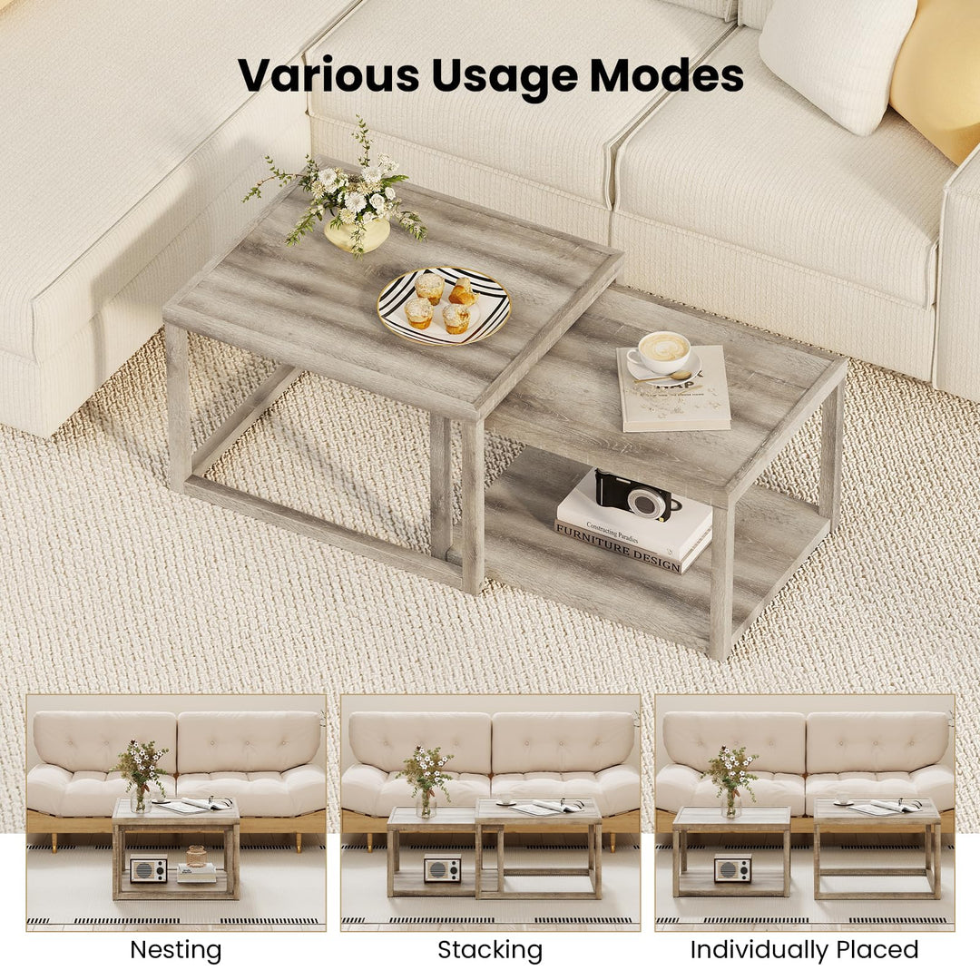 Giantex Nesting Coffee Tables Set of 2 with Storage Shelf Rubber Wood