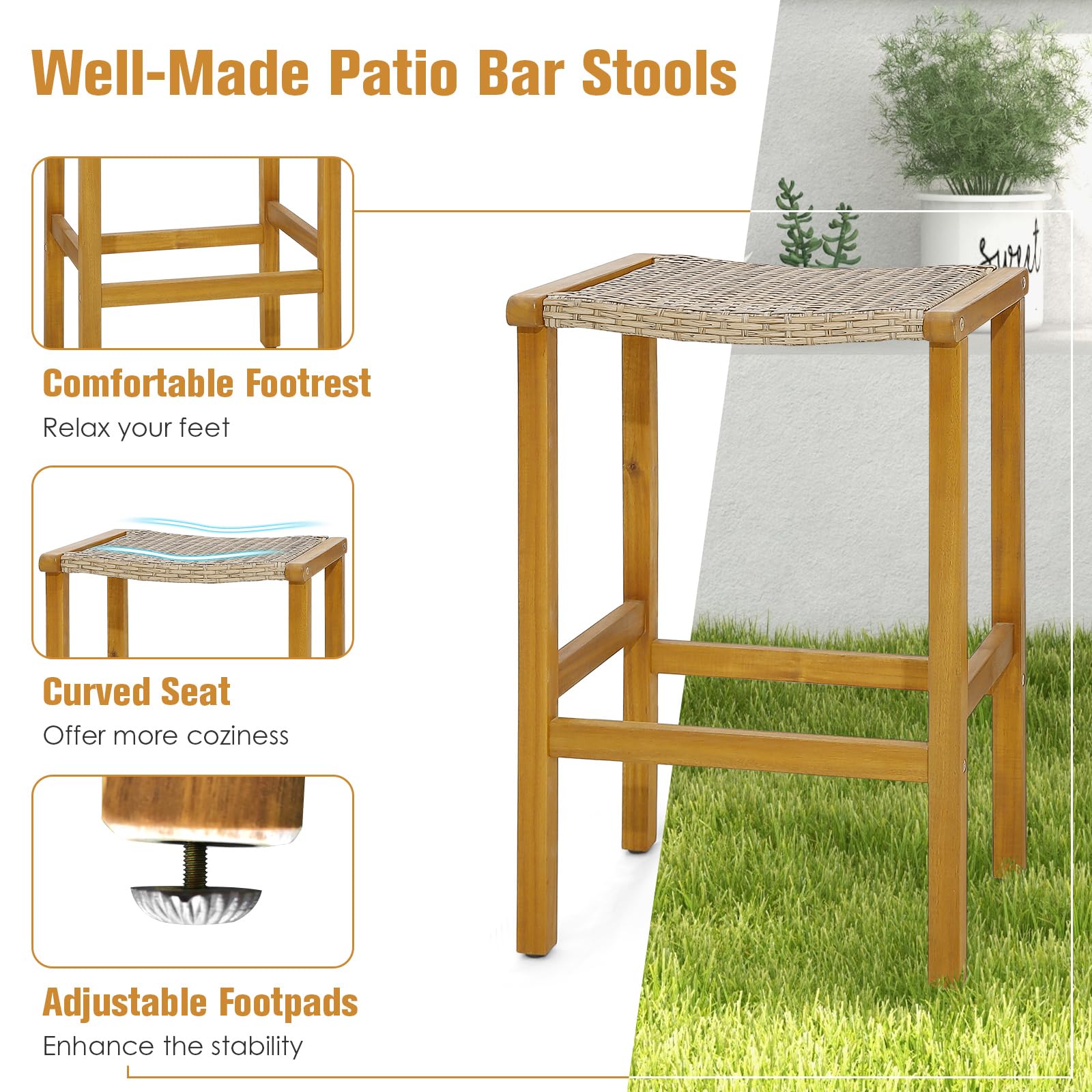 Giantex Patio Wood Bar Stools Set of 2, Acacia Wood Bar Stools w/Rattan Woven Seat