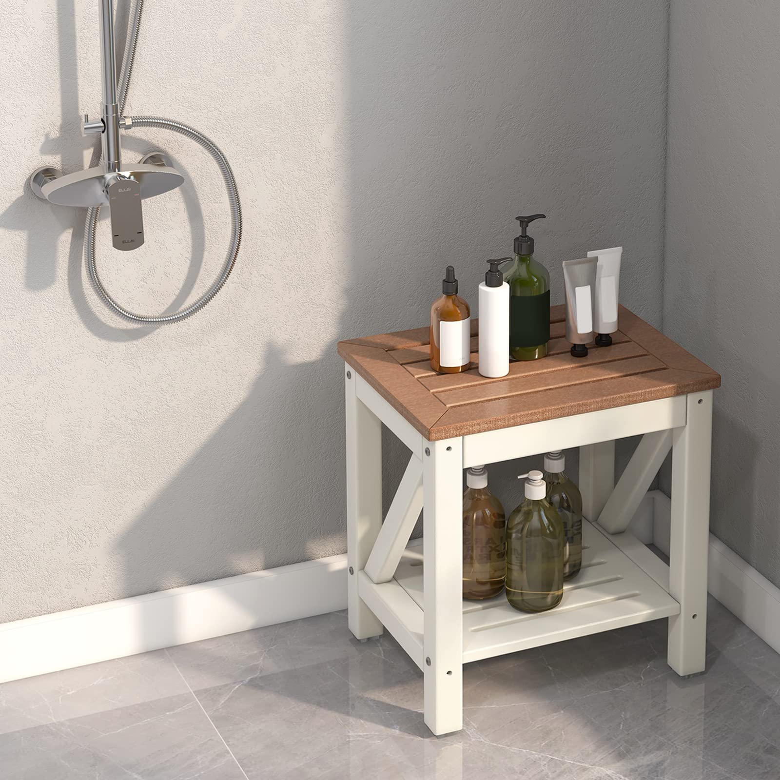 Giantex Shower Bench Waterproof HDPE - Shower Stool with Storage Shelf, 2-Tier Plastic Spa Bath Step Shower Seat
