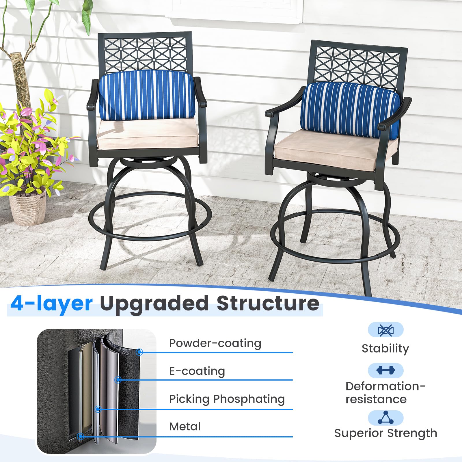 Giantex Outdoor Bar Stools, Metal Patio Bar Chairs with Cushion & Lumbar Pillow