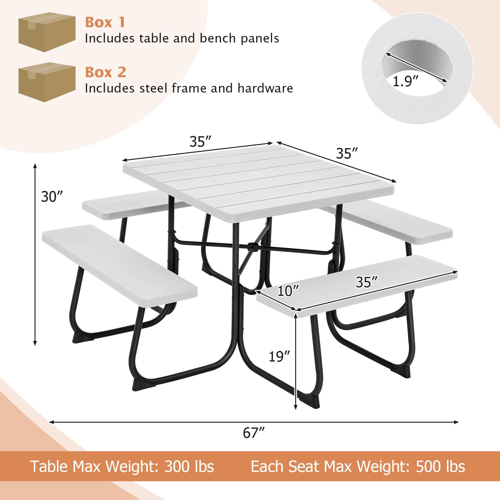 Giantex Picnic Table Set for 4-8 Persons, Outdoor Table and Bench Set with Umbrella Hole, HDPE Top & Metal Frame