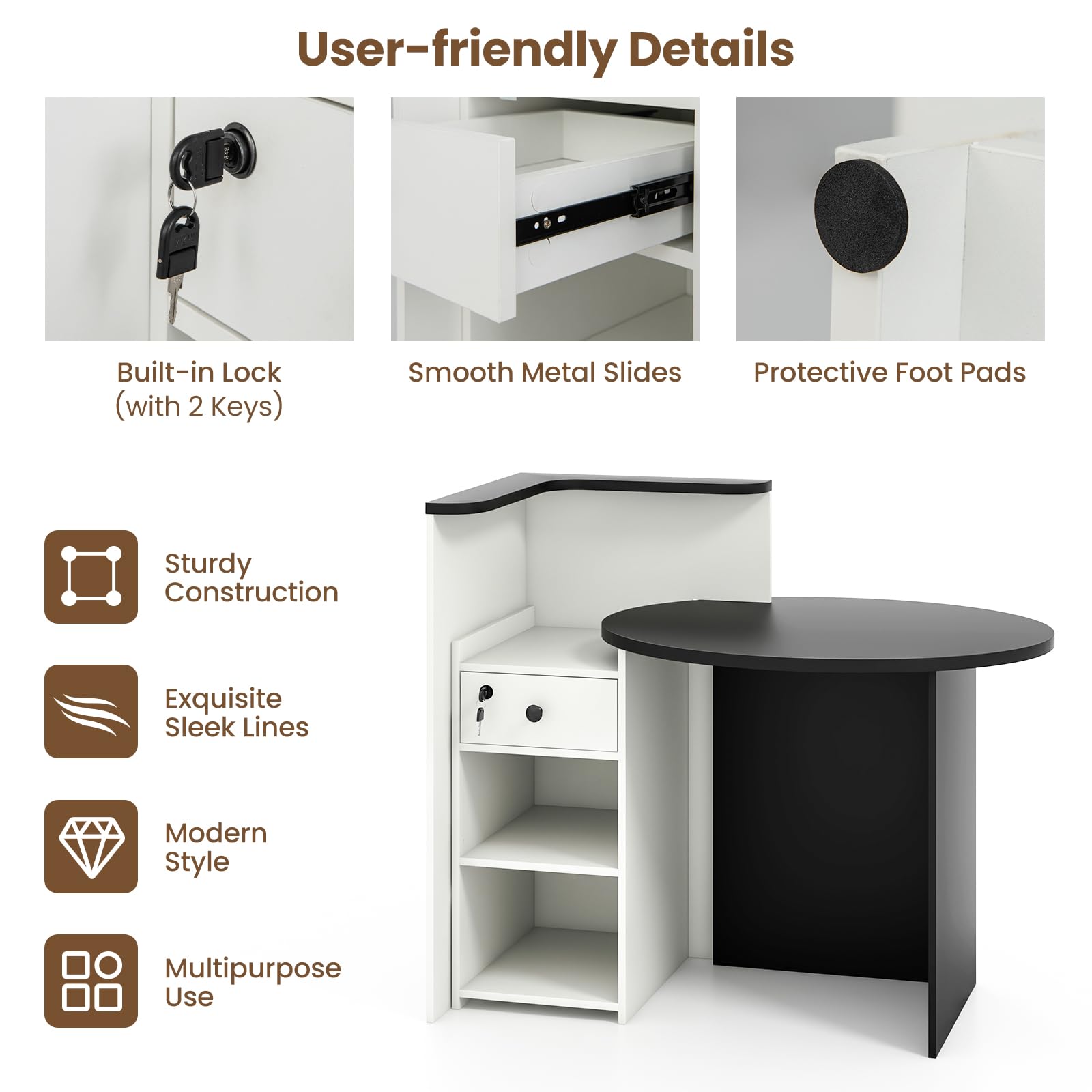 Giantex Reception Desk, Front Counter Desk with Lockable Drawer, Checkout Table with Round Tabletop (Black & White)