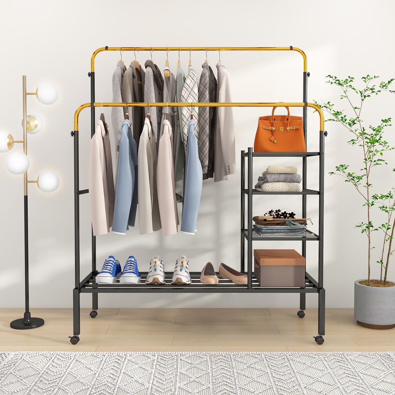 Giantex Double Rods Garment Rack with Wheels, Clothing Rack w/ 2 Hanging Height Adjustable Rods, Side Mesh Racks