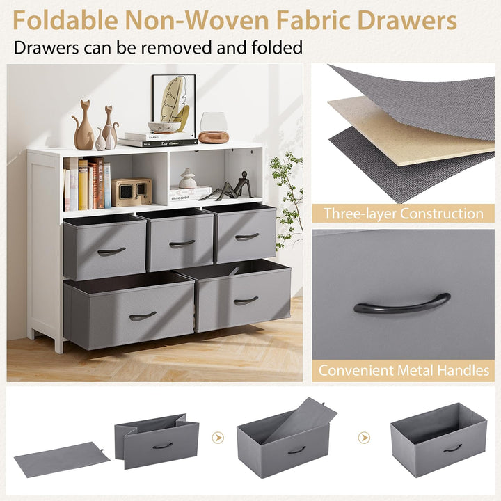 Giantex Storage Cabinet with 5 Drawers & 2 Cube Shelves, Chest of Drawers, Console Table, White & Grey