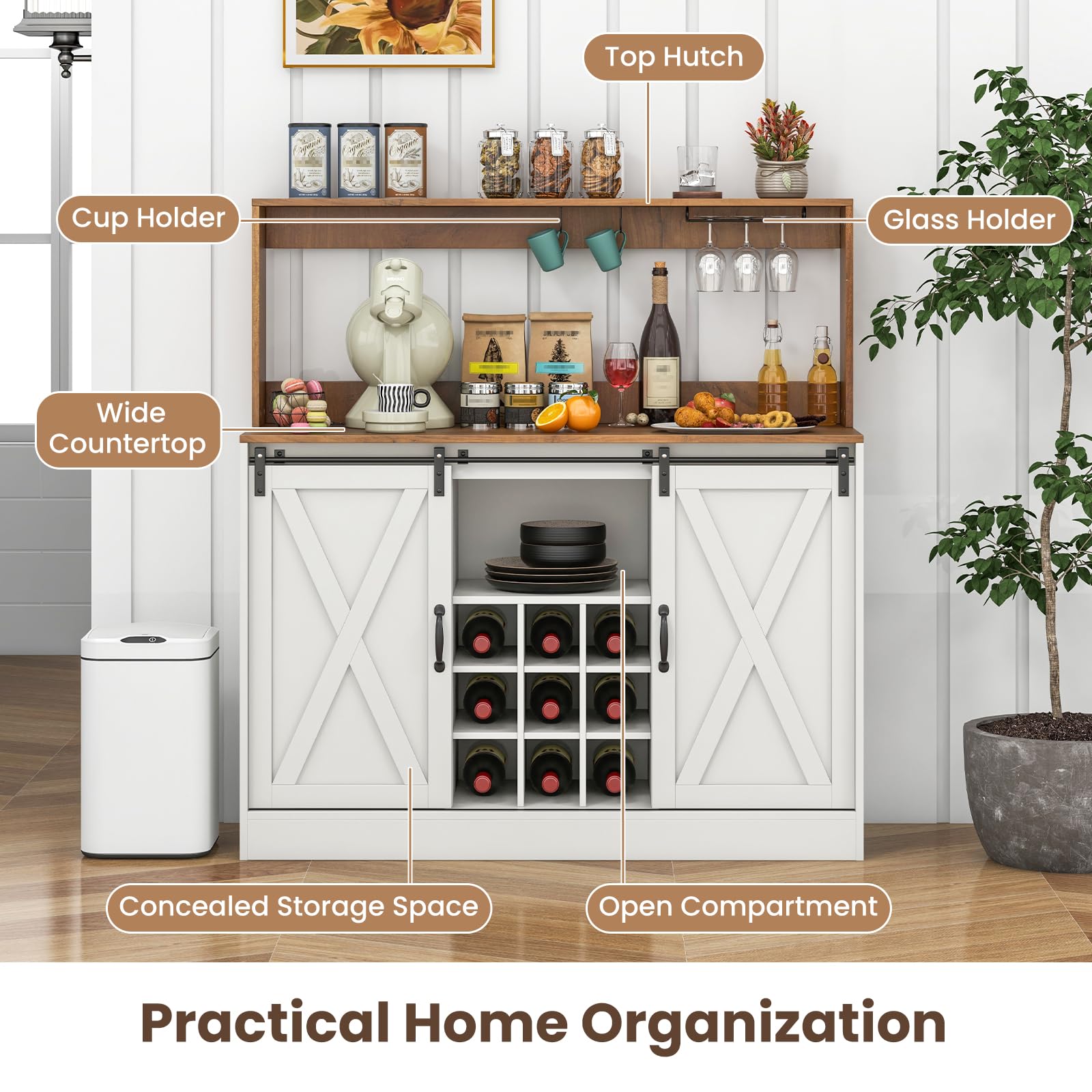 Giantex Farmhouse Buffet Cabinet with Hutch, Charging Station, 9 Bottle Wine Rack, Cup Glass Holder