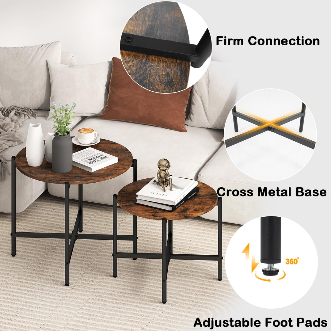 Giantex Round Coffee Table Set of 2, Nesting Tables with Metal Frame, Imitated Wood Grain Top