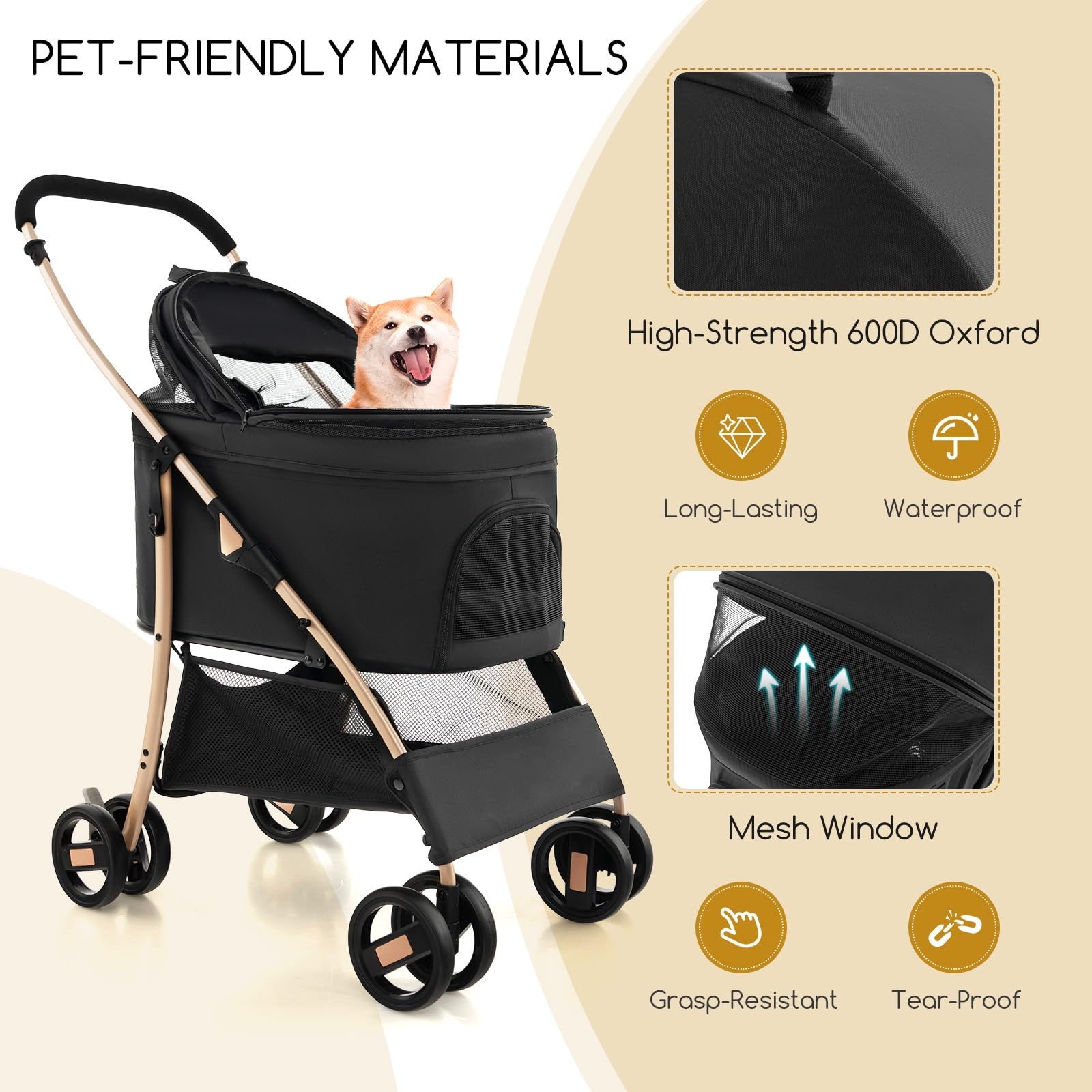 Giantex Pet Stroller 3-in-1, Folding Dog Stroller Detachable Carrier Car Seat (Black & Gold)