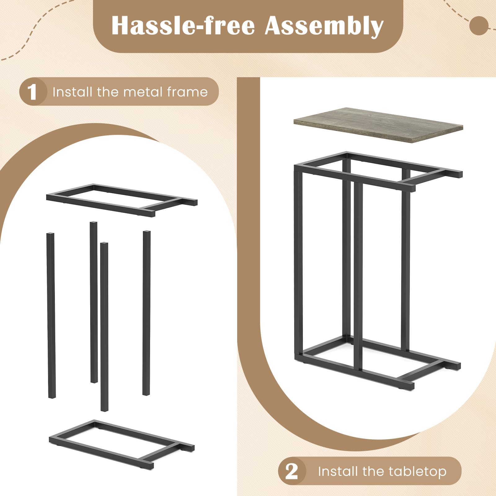 Giantex C Shaped End Table, Small Side Table for Sofa, Couch Table That Slide Under with Metal Frame