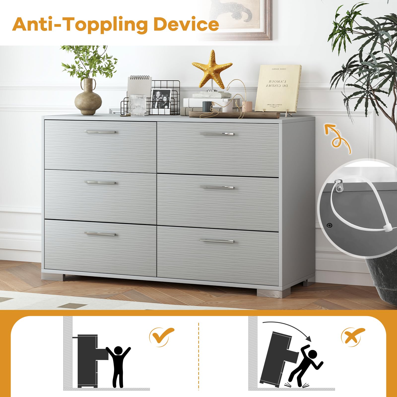 Giantex Storage Cabinet with 6 Drawers, Metal Legs & Handles, Anti-Toppling Devices, Grey