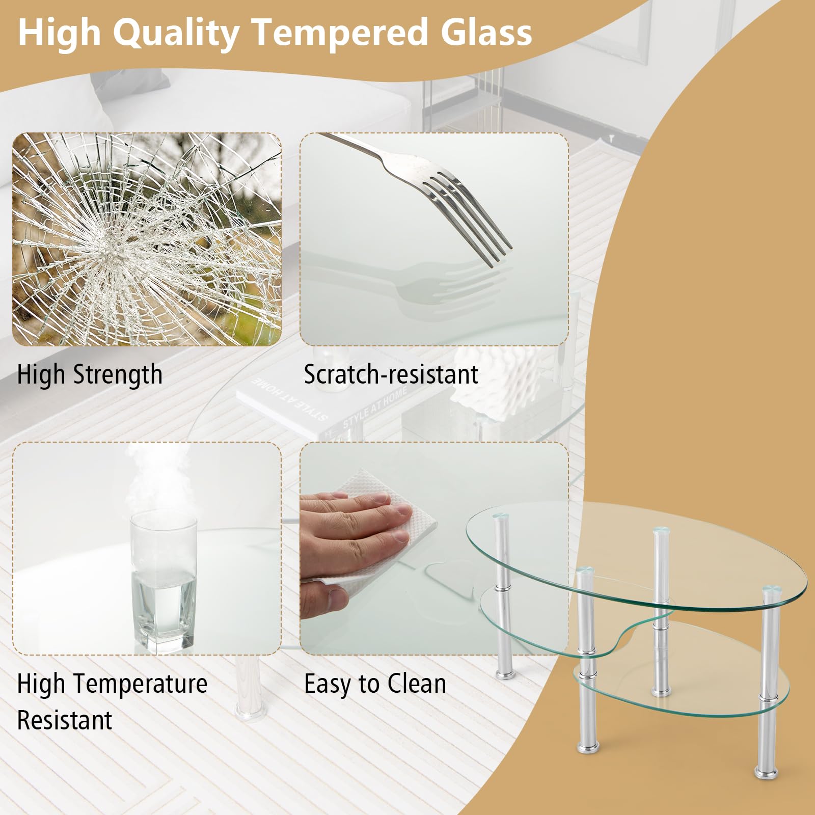 Giantex Oval Glass Coffee Table - 3-Tier Transparent Tempered Glass Center Table with Metal Stand, 35"× 20" ×18"