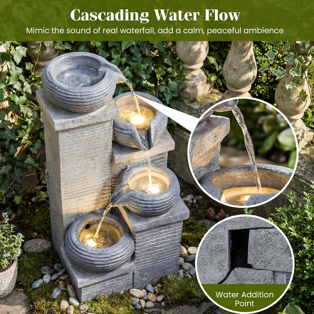 Giantex 4-Tier Water Fountain Outdoor with Warm LED Lights & Pump