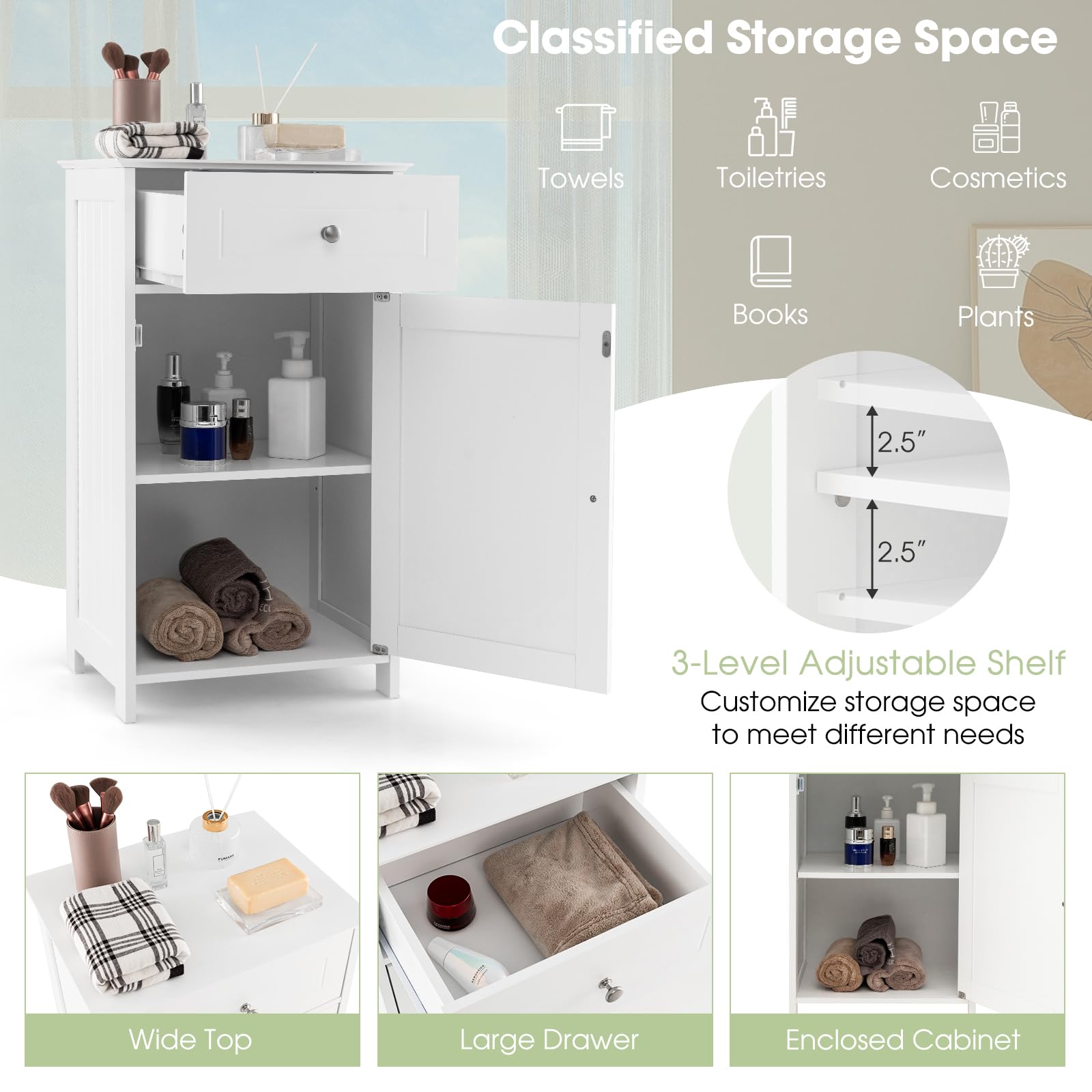 Giantex Floor Bathroom Storage Cabinet - Freestanding Cabinet with Drawer, Door, White