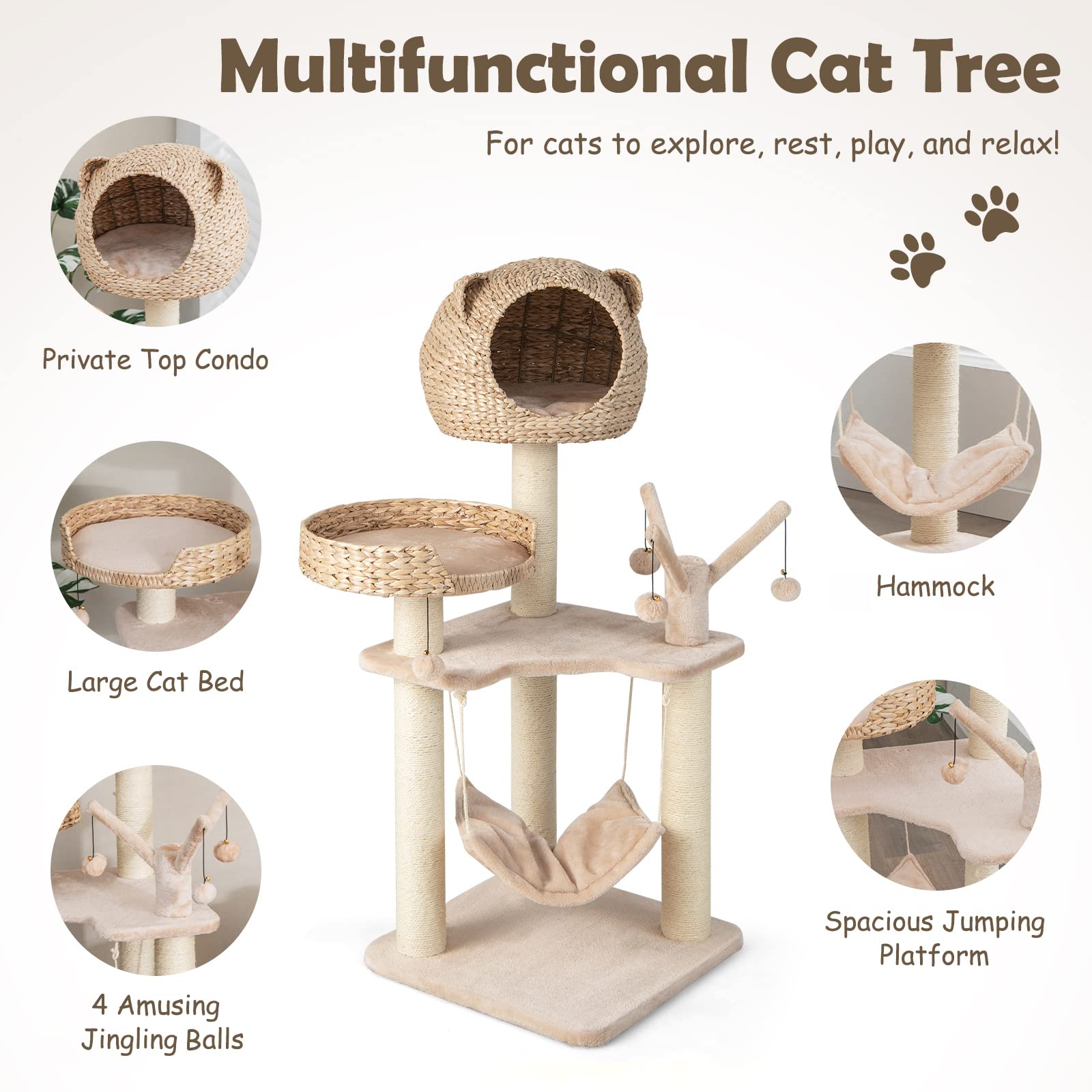 Giantex Wooden Cat Tree, 48 inches Cat Tower with Cattail Condo, Cat Bed, Hammock, Rotatable Jingling Balls