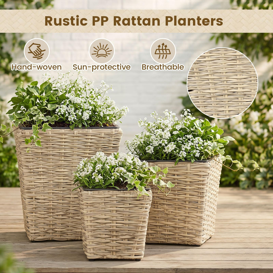 Giantex 3-Piece Rattan Planter Box Kit with Removable Plastic Liners