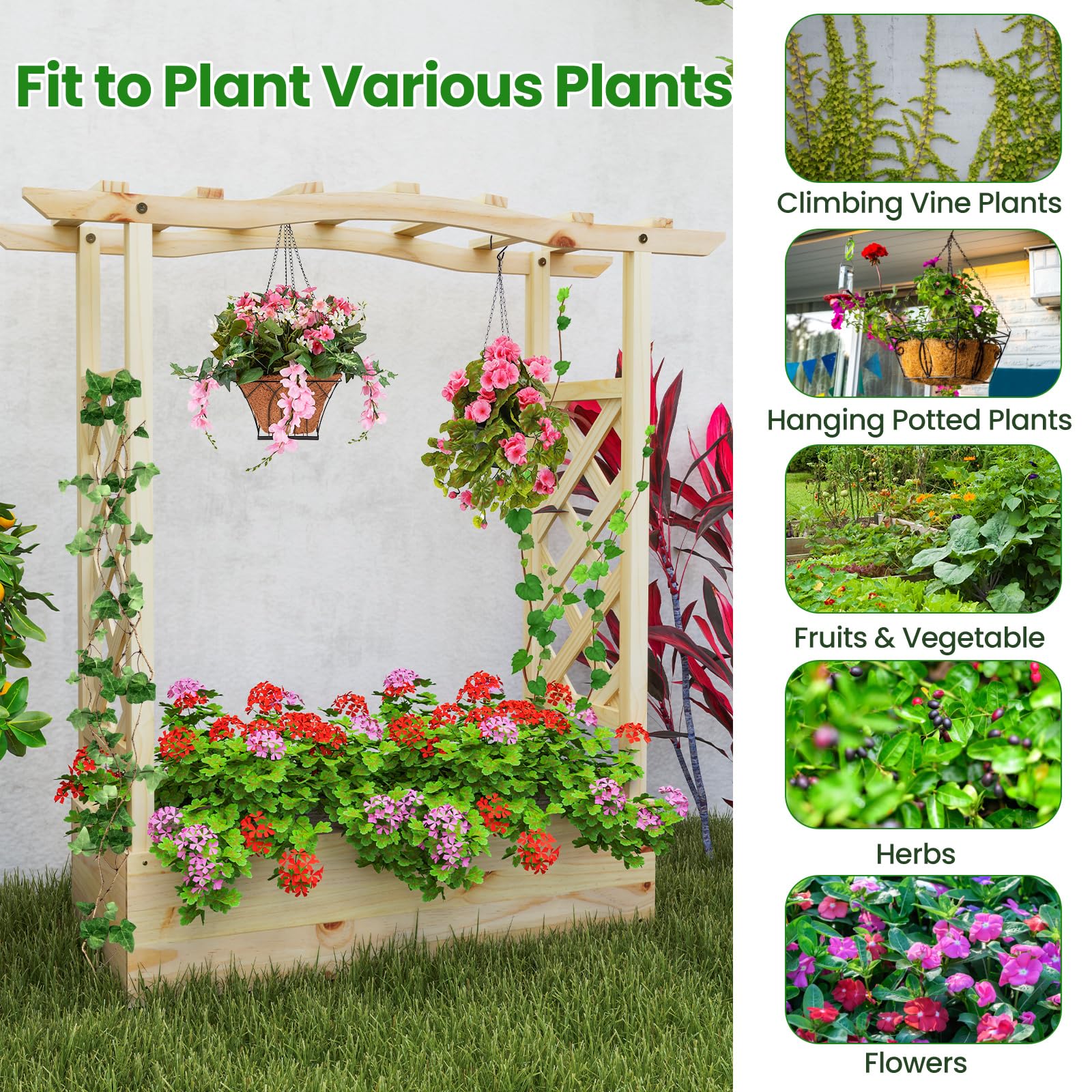 Giantex Raised Garden Bed with Sided Trellis & Hanging Roof, Wood Planter Box, 44”x14”x45” (L x W x H)