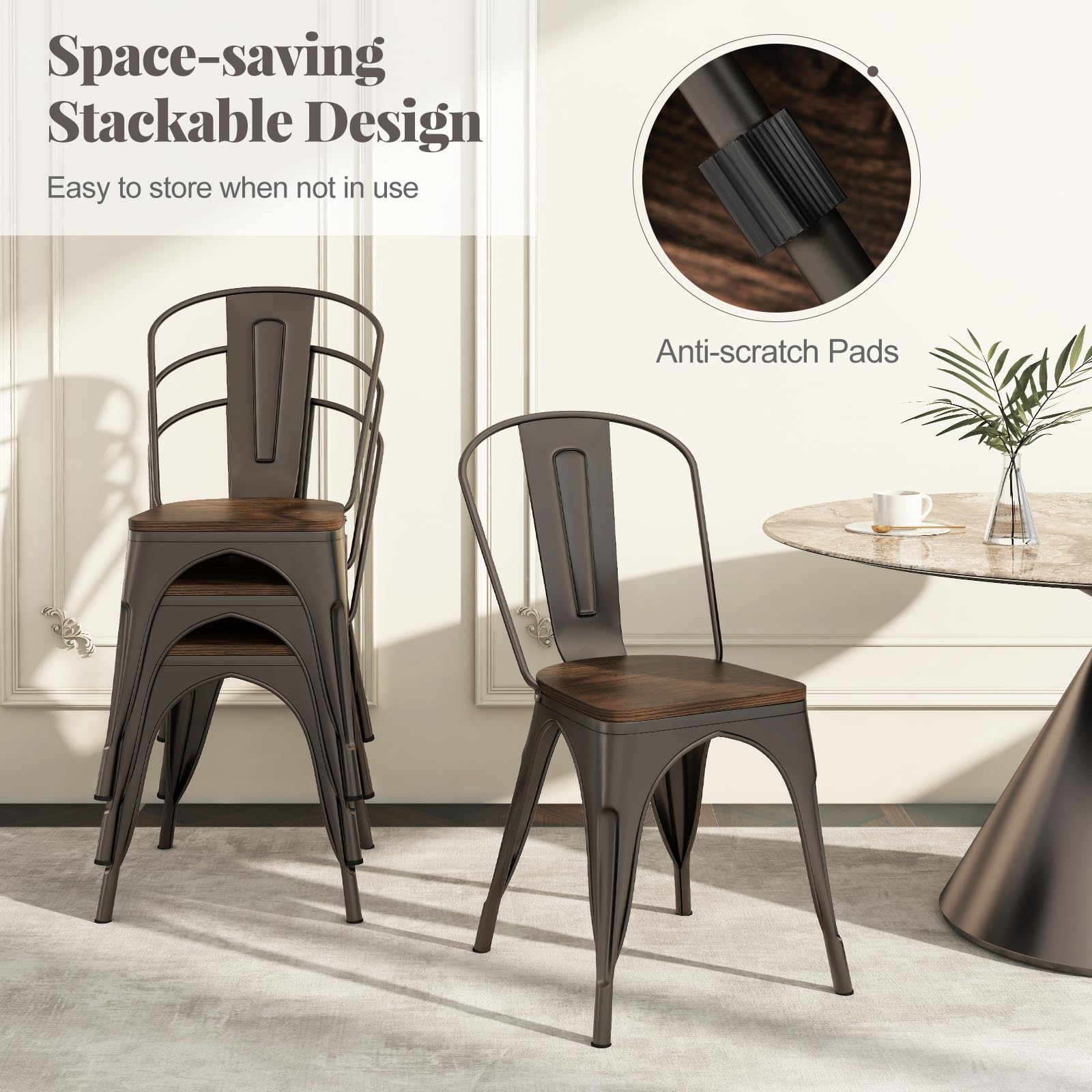 Giantex Metal Dining Chairs Set of 4, Stackable Kitchen Chairs with Wood Seat & Removable Backrest