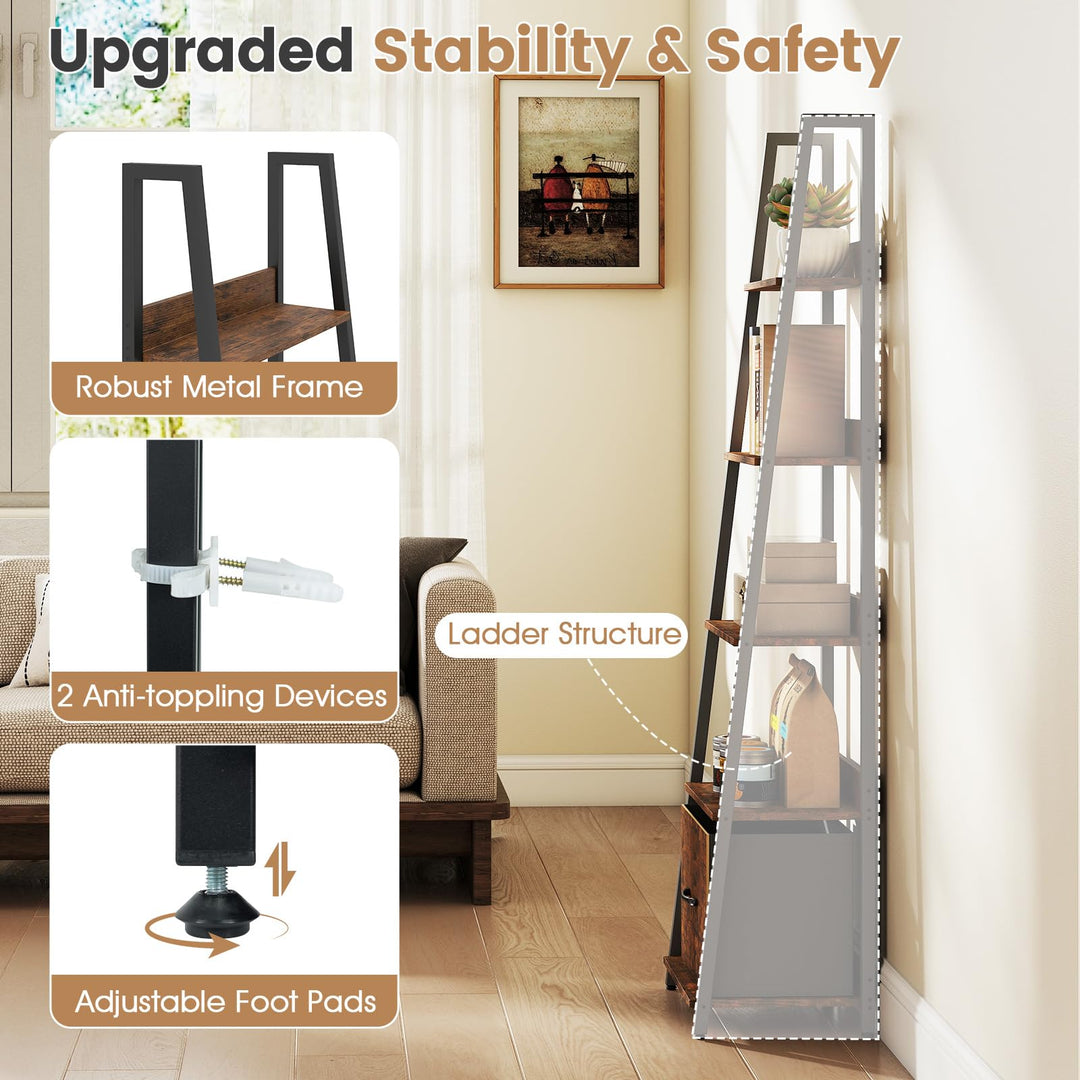 Giantex 5-Tier Industrial Ladder Bookshelf with Removable Fabric Drawer (1/2)