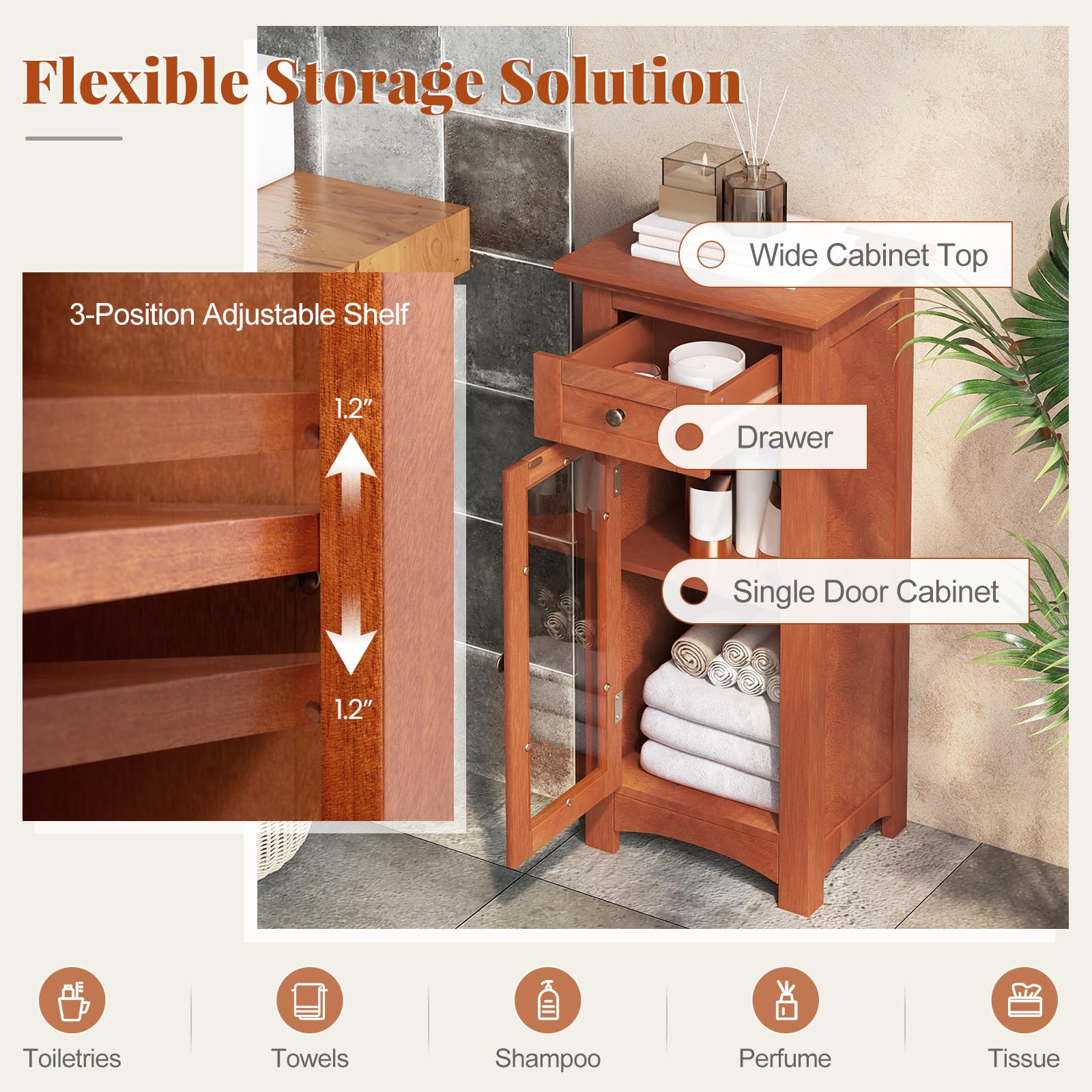 Giantex Small Bathroom Storage Cabinet, Freestanding Narrow Bathroom Cabinet with Single Glass Door, Drawer