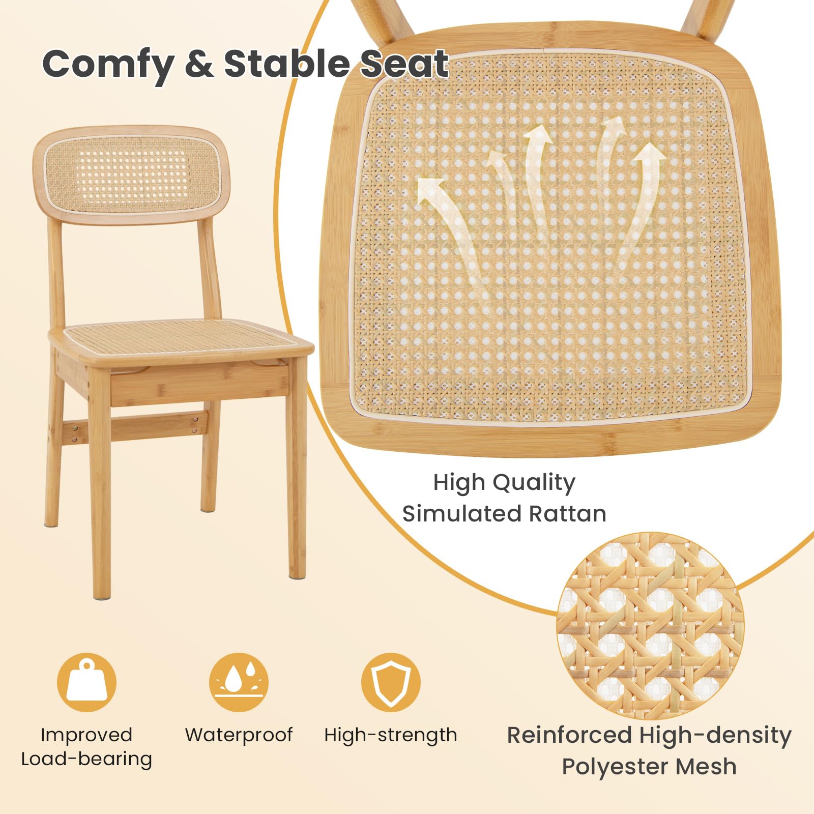 Giantex Rattan Dining Chairs Set of 2, Boho Cane Kitchen Chairs, Max Load 300 Lbs