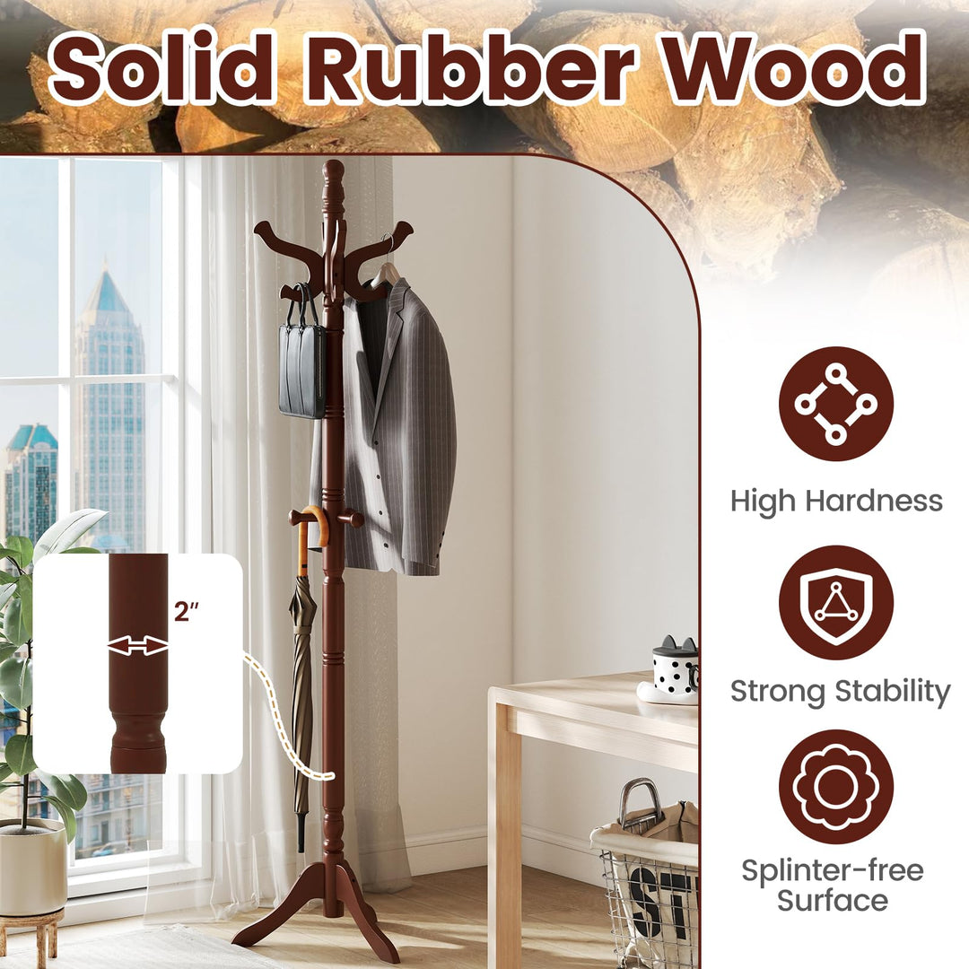 Giantex Solid Wood Coat Rack Freestanding Hall Tree with 3 Adjustable Heights and 11 Hooks