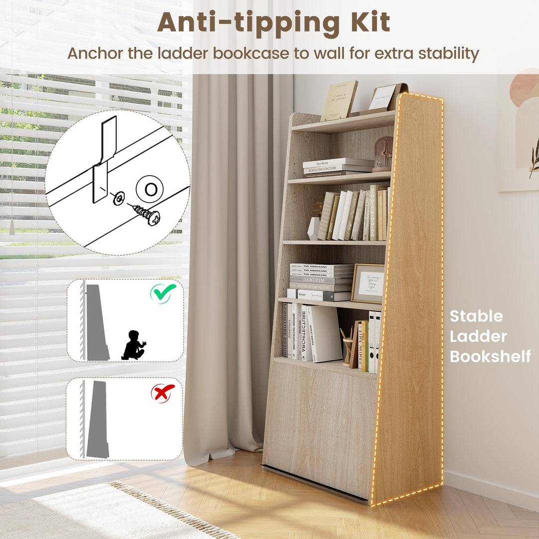 Giantex 6-Tier Bookcase, Freestanding Ladder Bookshelf with 2 Adjustable Shelves & Flip Up Door